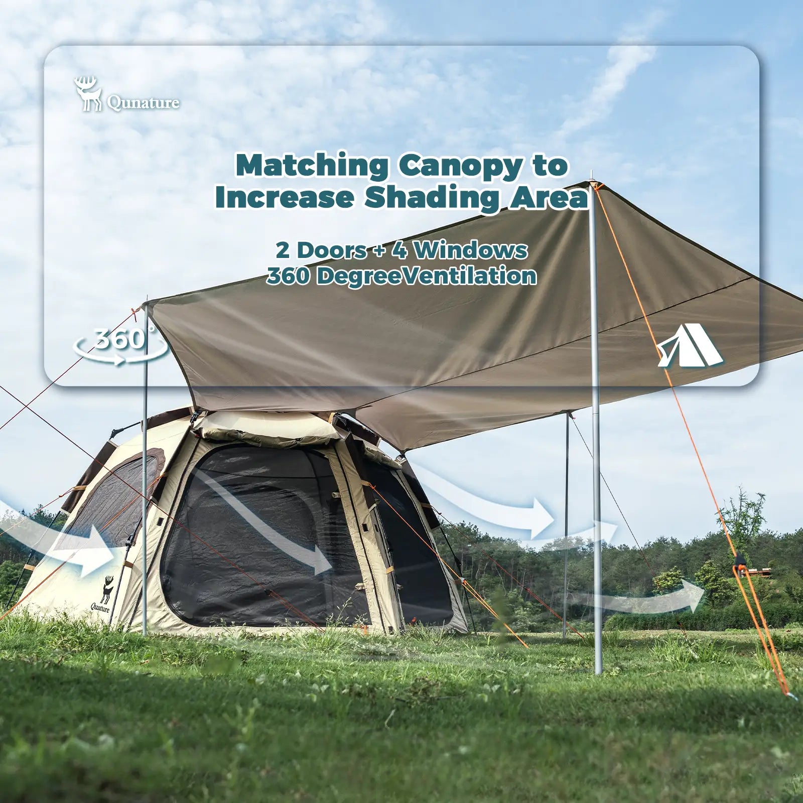 Qunature Global waterproof hexagonal tent with quick setup, UPF50+ sun protection, lightweight design for outdoor camping.