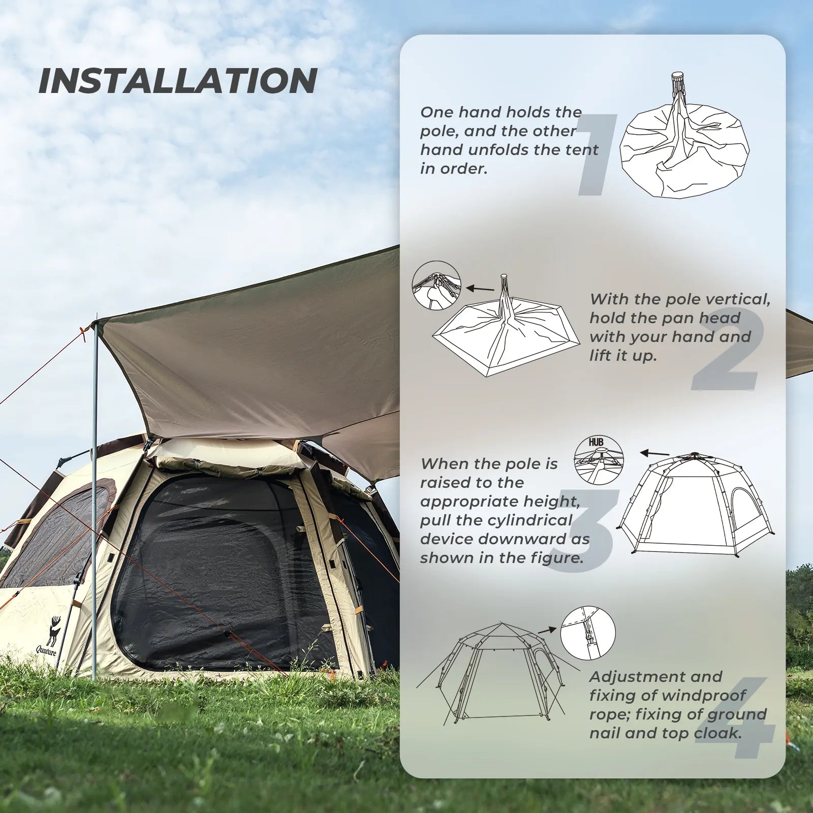 Qunature Global waterproof hexagonal tent with quick setup design and UPF50+ sun protection, lightweight for easy camping and outdoor use.
