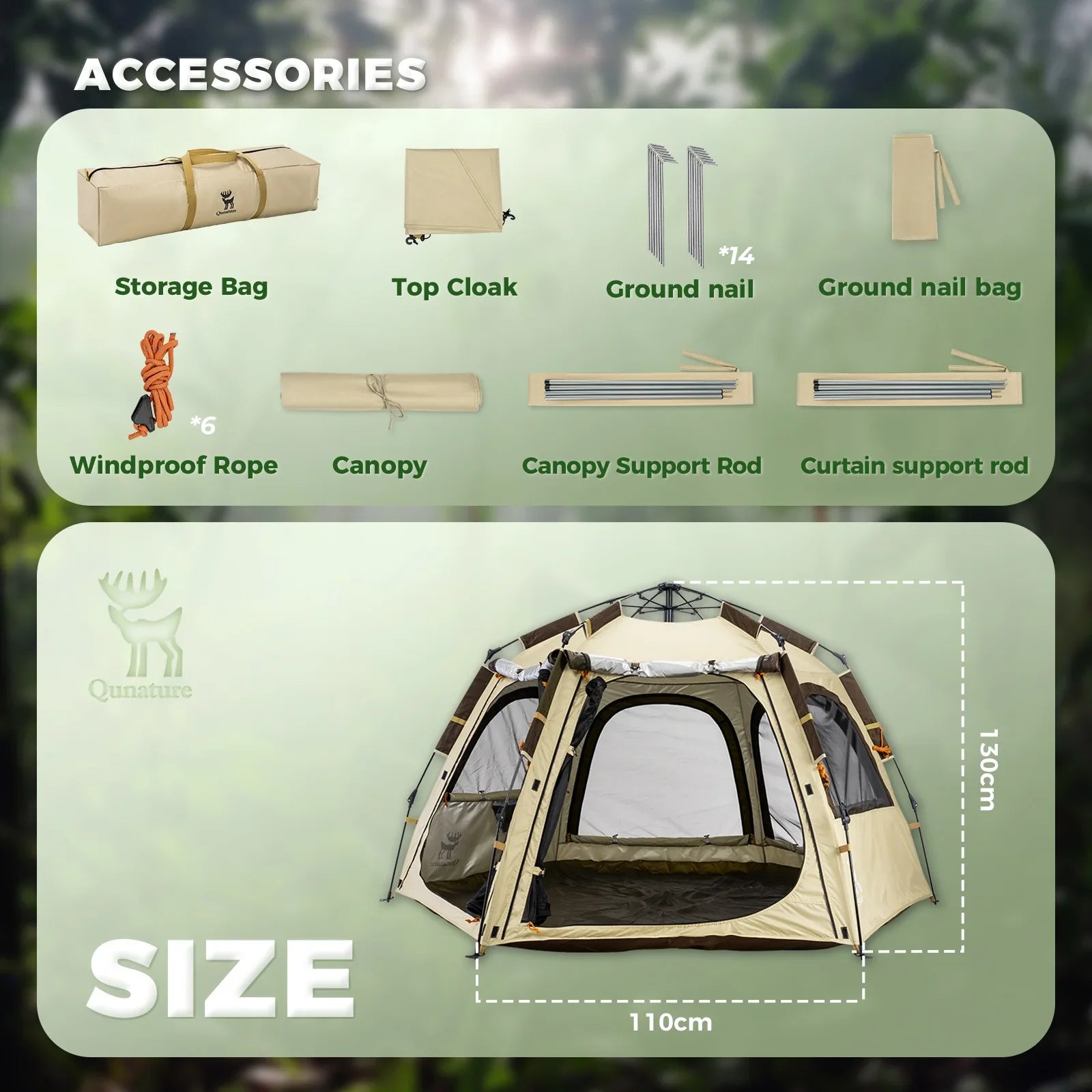 Qunature Global waterproof hexagonal tent with quick setup, lightweight design, and UPF50+ sun protection in outdoor setting
