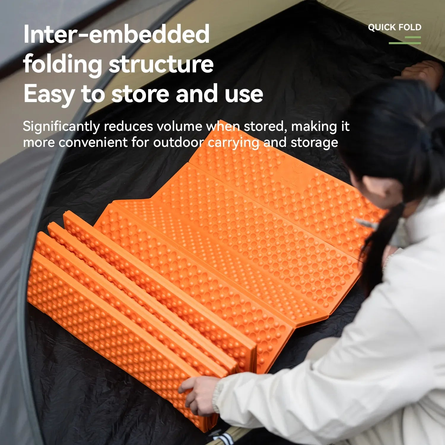 Qunature Global ultralight folding sleeping pad, waterproof design, ideal for camping and hiking, showcasing its compact form.