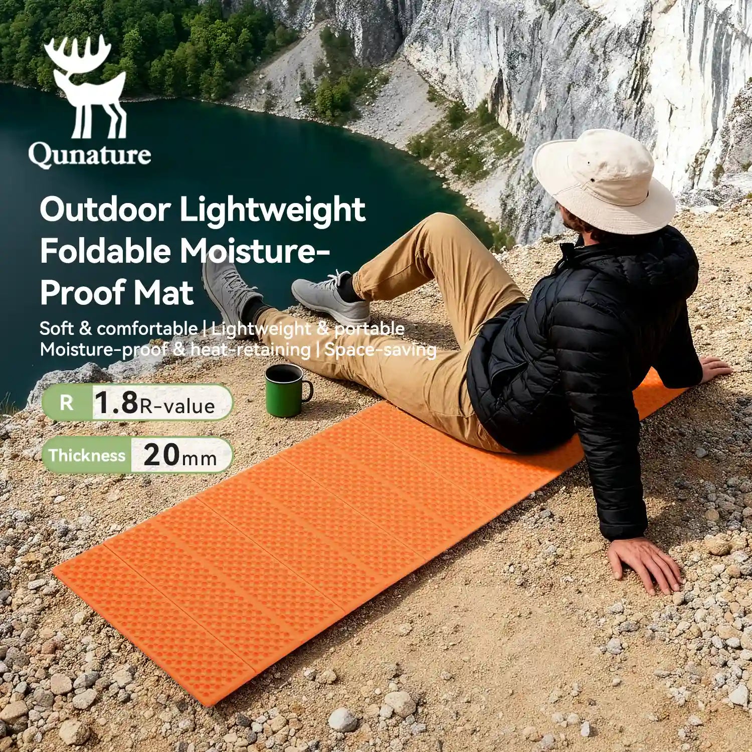 Qunature Global ultralight folding sleeping pad, waterproof, showing texture and R-Value 1.8 for camping and hiking.
