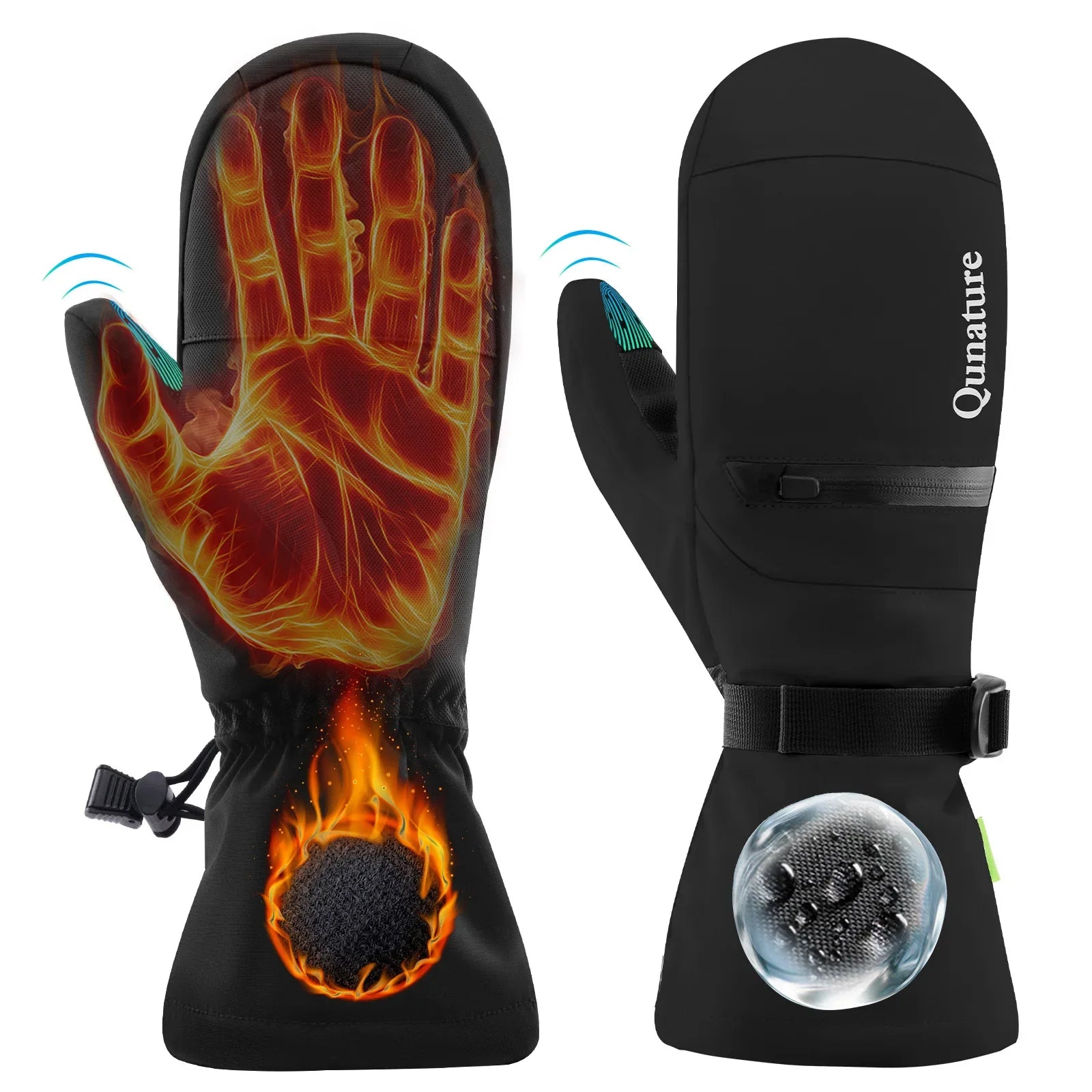 Qunature Global waterproof and windproof thermal ski gloves with double-layer insulation and touchscreen compatibility.