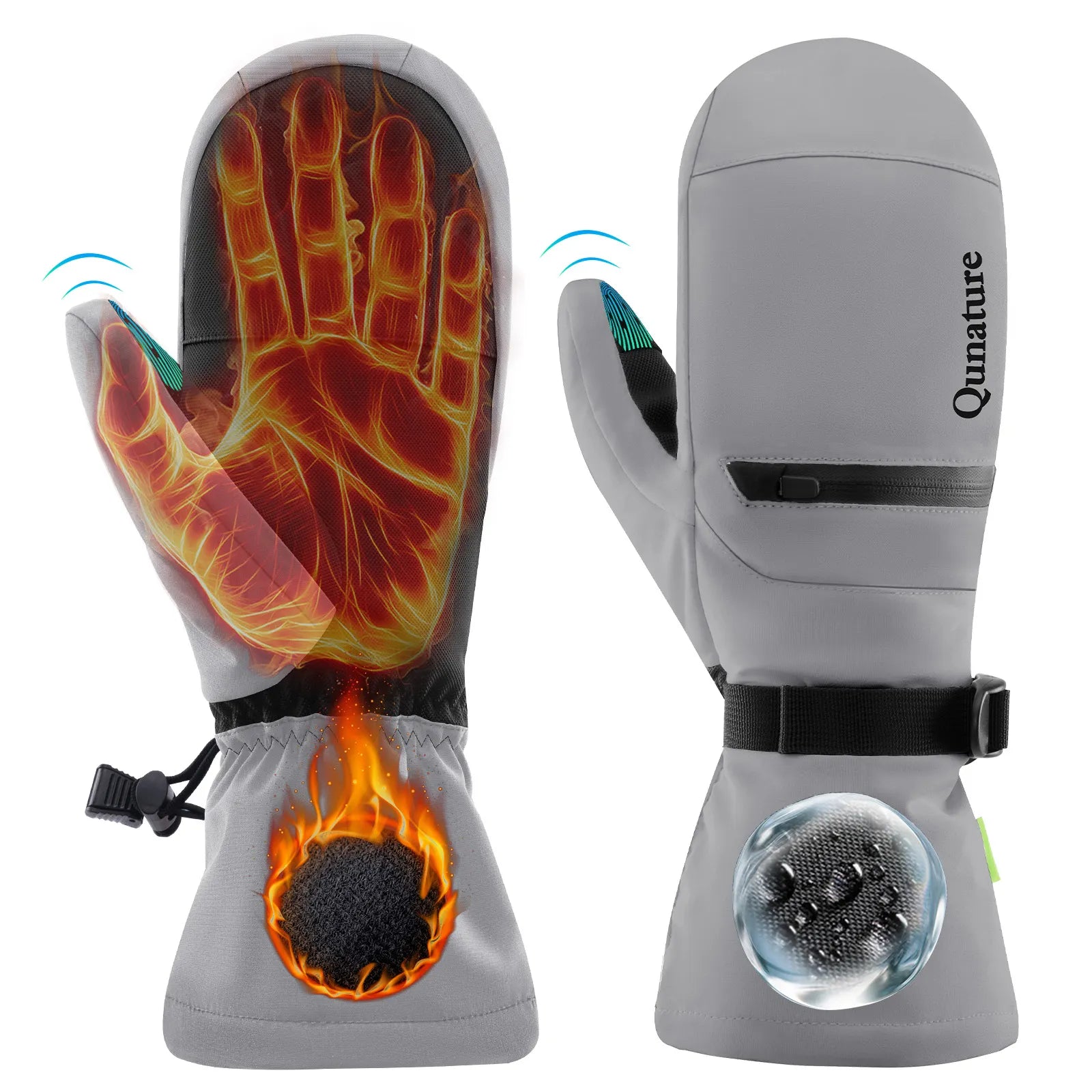 Qunature Global waterproof thermal ski gloves with double-layer insulation, windproof and touch screen compatible for winter sports.