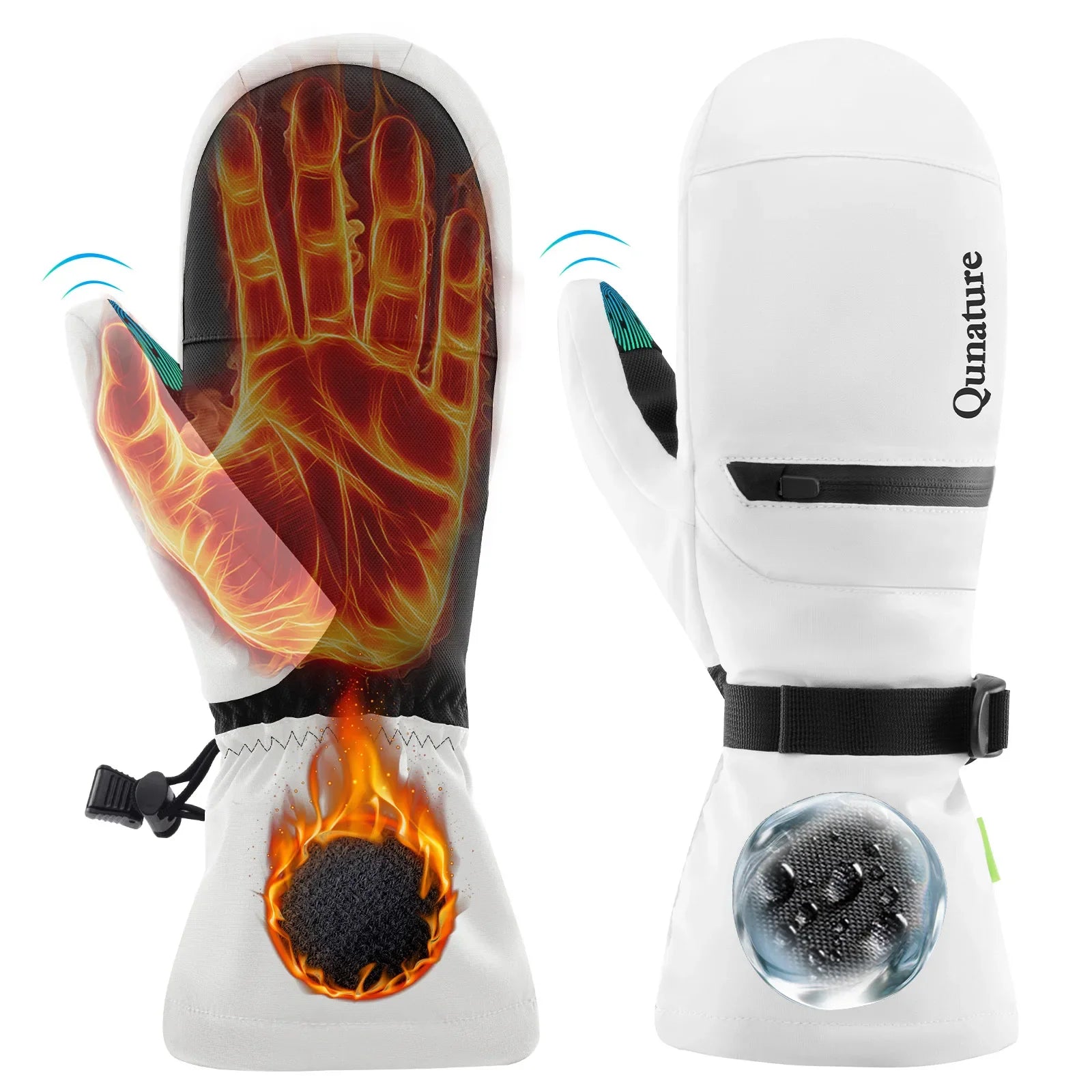 Qunature Global waterproof windproof thermal ski gloves with double-layer insulation and touchscreen compatibility.