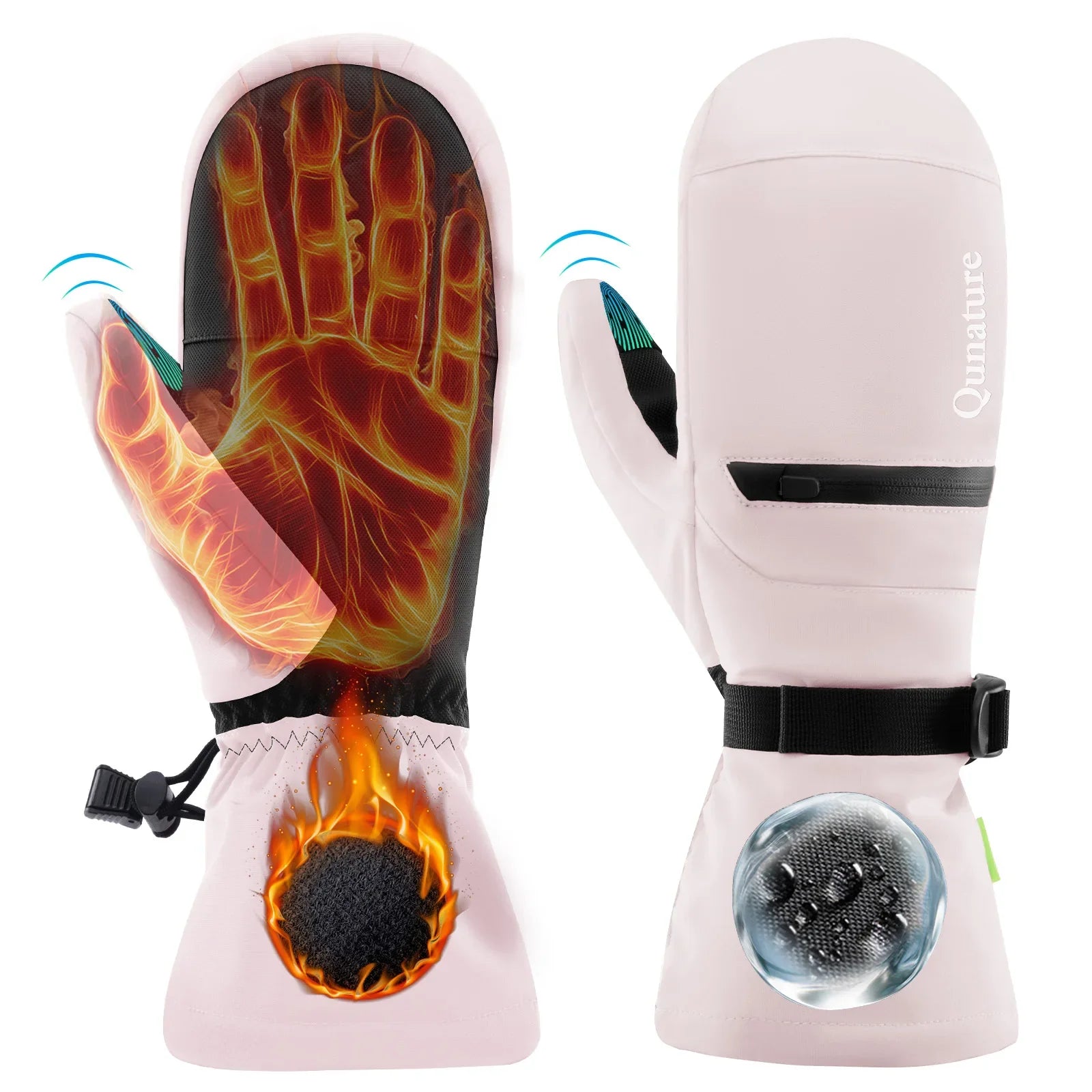 Qunature Global waterproof thermal ski gloves with windproof double-layer insulation and touchscreen fingertips.