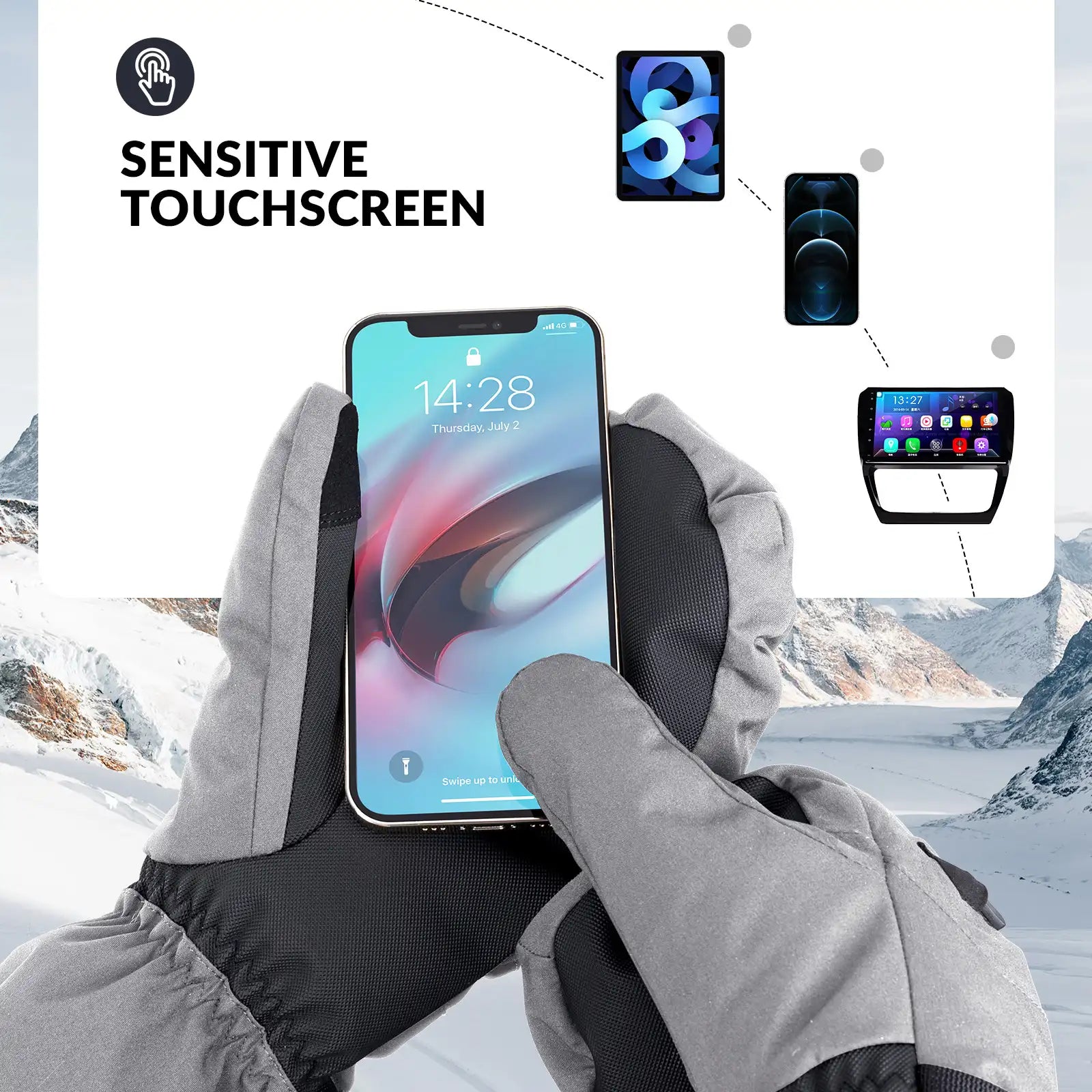 Qunature Global waterproof thermal ski gloves with windproof double-layer insulation and touchscreen fingertips.