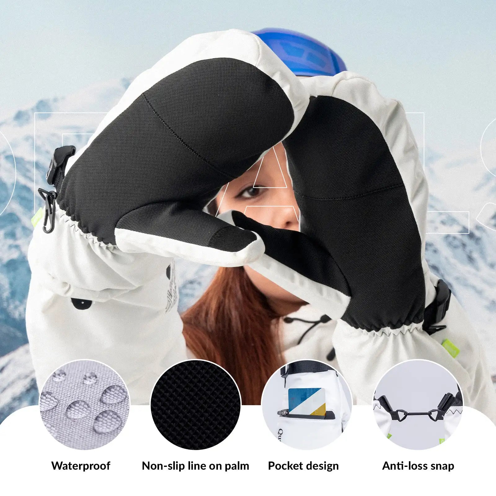 Qunature Global waterproof and windproof thermal ski gloves with double-layer insulation and touchscreen compatibility.
