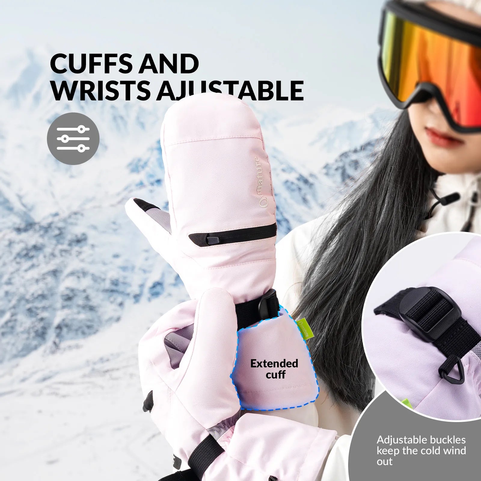 Qunature Global waterproof thermal ski gloves with windproof double-layer insulation and touchscreen fingertips, suitable for winter sports