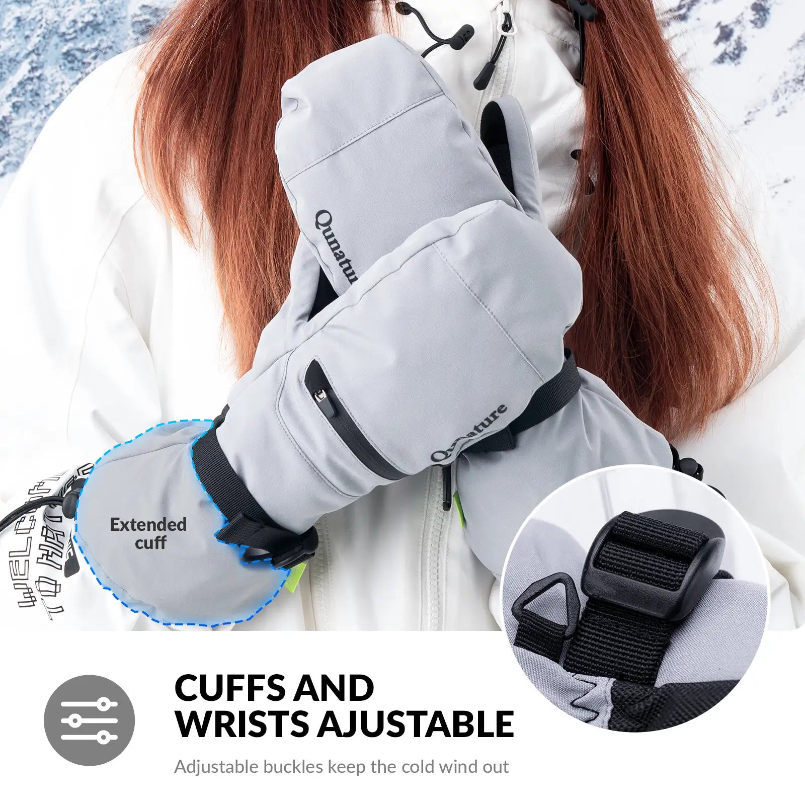 Qunature Global waterproof thermal ski gloves with windproof double-layer insulation and touchscreen fingertips for winter sports.