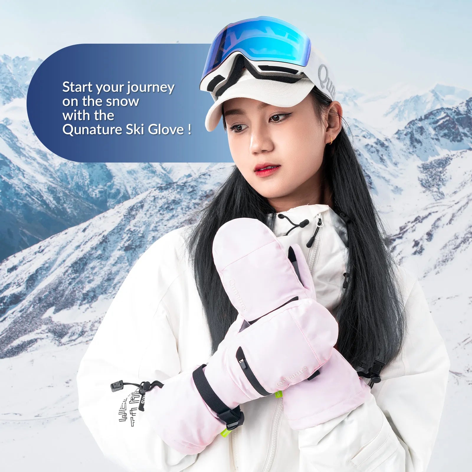 Qunature Global waterproof and windproof thermal ski gloves with double-layer insulation and touchscreen compatibility.