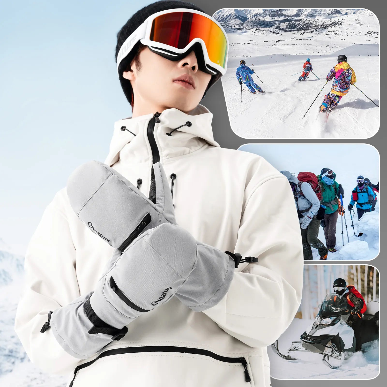 Qunature Global waterproof thermal ski gloves with windproof design, double-layer insulation, and touchscreen fingertips for winter skiing.