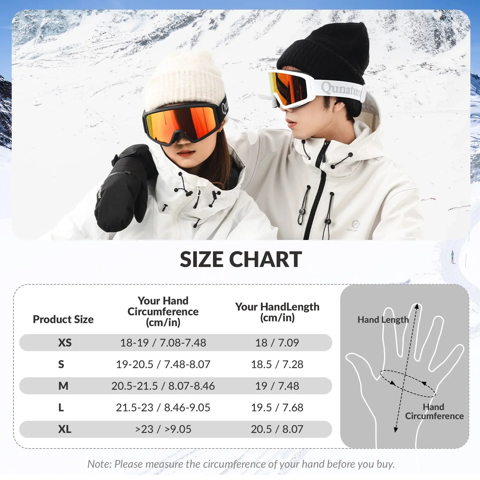 Qunature Global waterproof thermal ski gloves with windproof double-layer insulation and touchscreen fingertips for winter skiing.