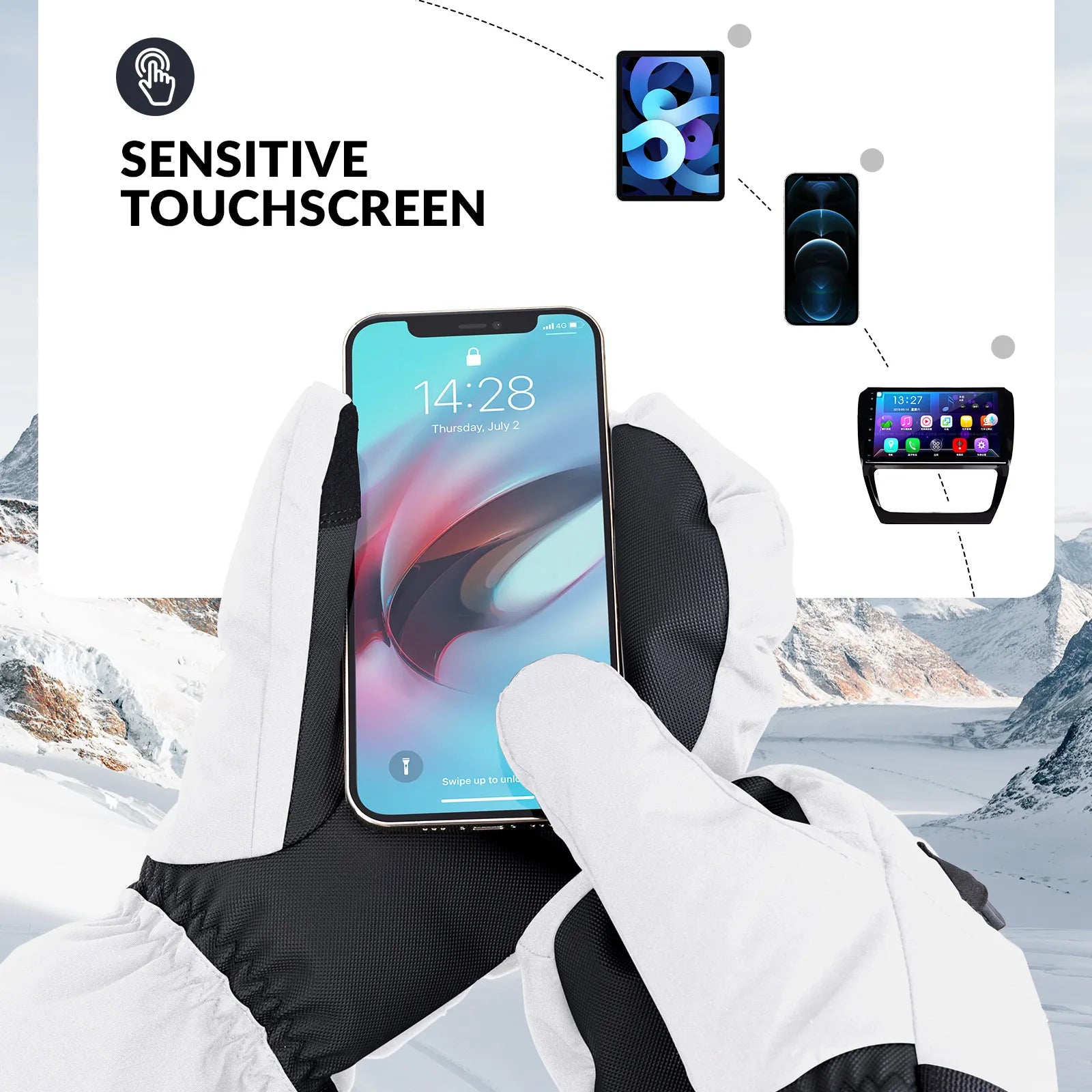 Qunature Global windproof waterproof thermal ski gloves with double-layer insulation and touchscreen fingertips.