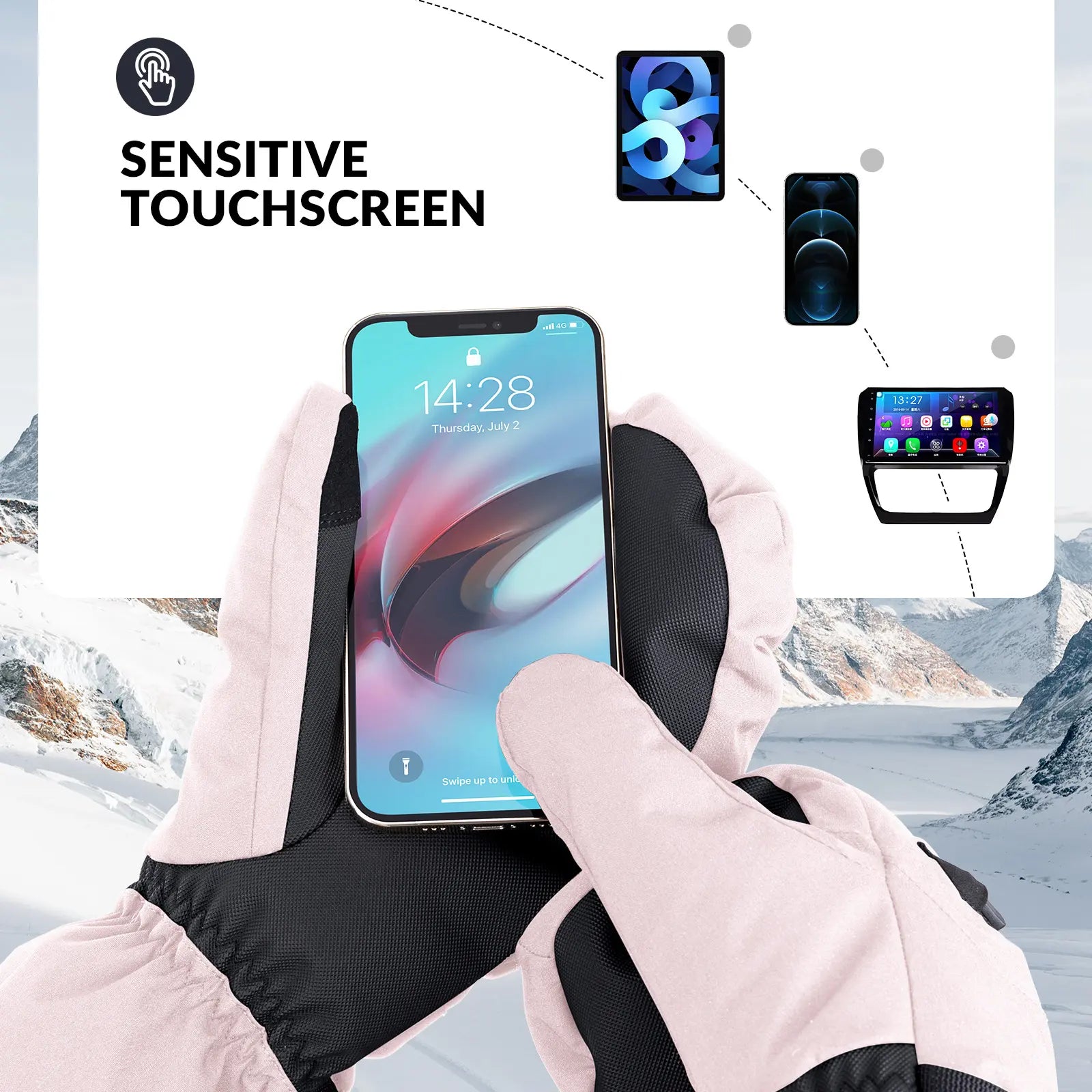 Qunature Global waterproof thermal ski gloves with windproof double-layer insulation and touchscreen fingertips, suitable for winter skiing.
