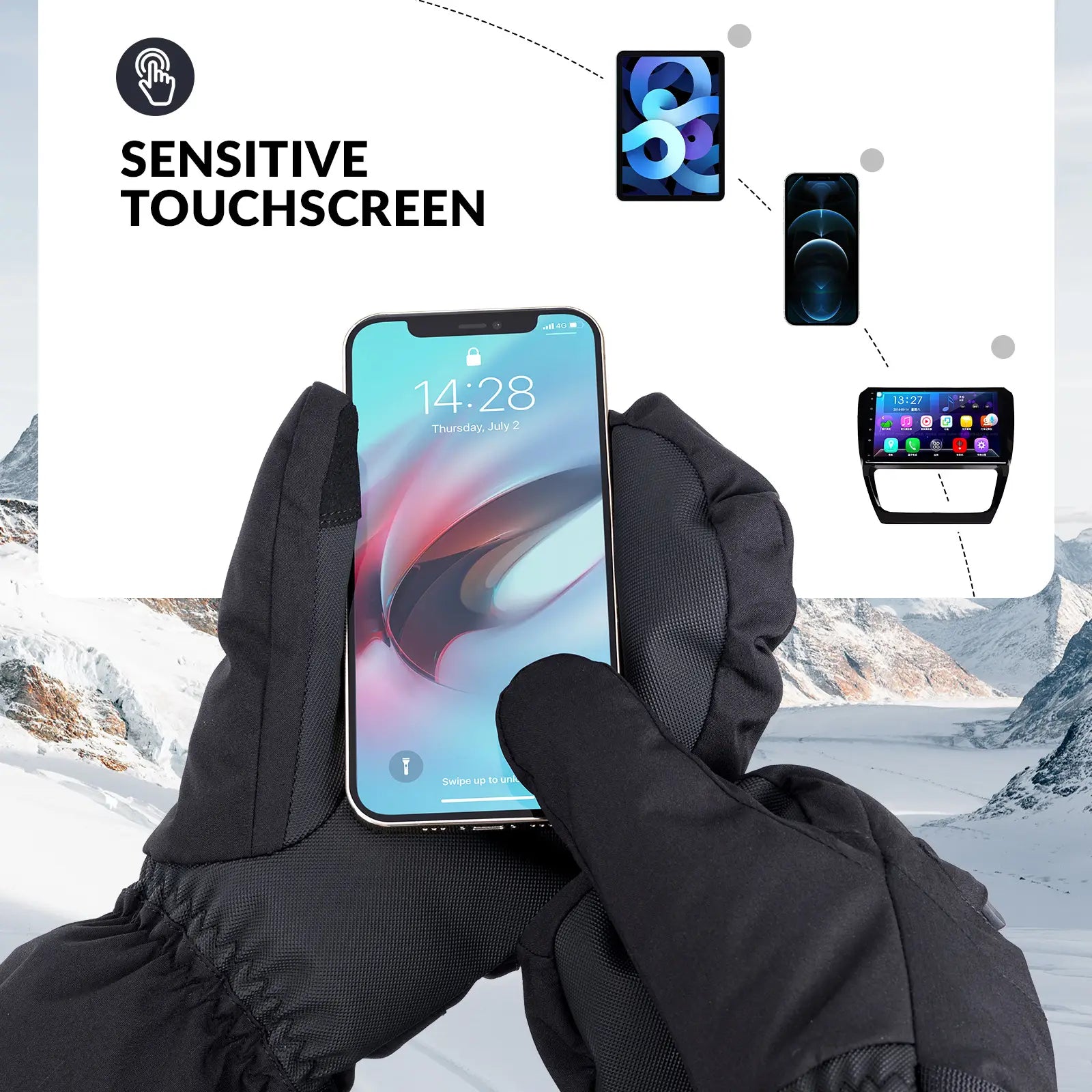 Qunature Global waterproof thermal ski gloves with windproof double-layer insulation and touchscreen fingertips.