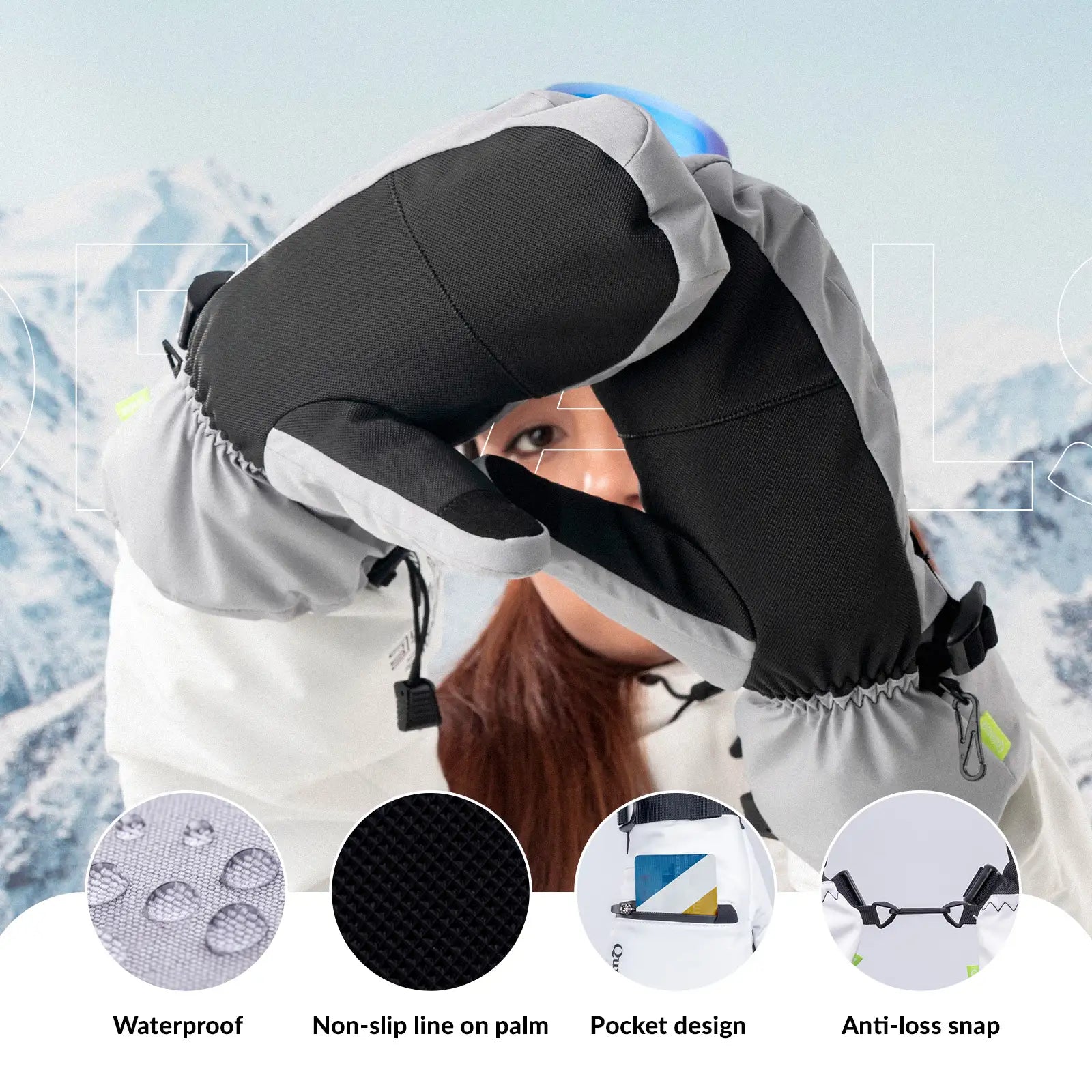 Qunature Global waterproof thermal ski gloves with windproof double-layer insulation and touchscreen fingertips for cold weather skiing.