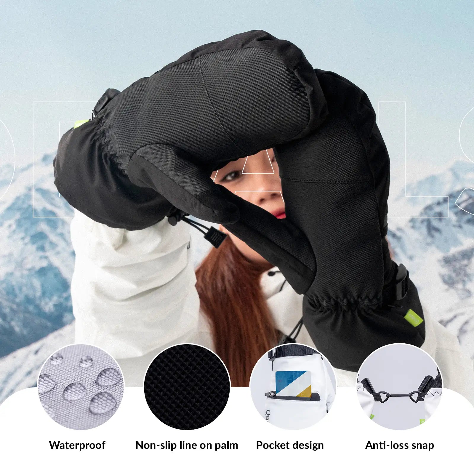 Qunature Global waterproof thermal ski gloves with windproof double-layer insulation and touchscreen compatibility.