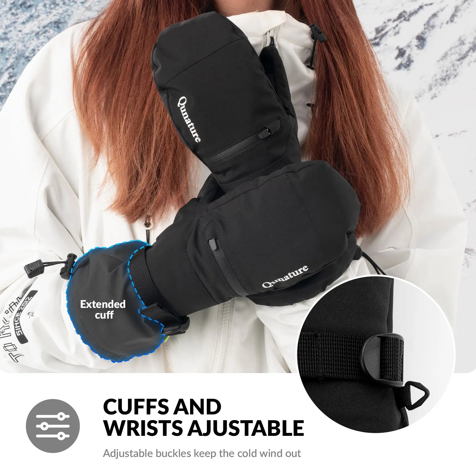 Qunature Global waterproof thermal ski gloves with windproof double-layer insulation and touchscreen fingertips for winter sports.