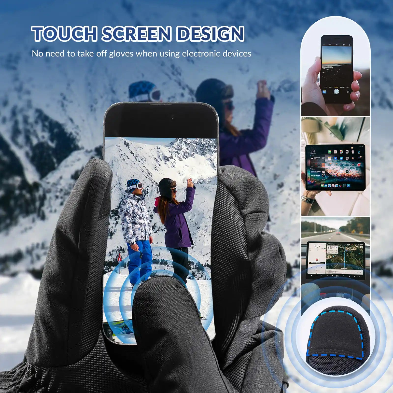 Qunature Global windproof full-palm ski gloves with touchscreen grip, insulated for warmth and protection during winter sports.