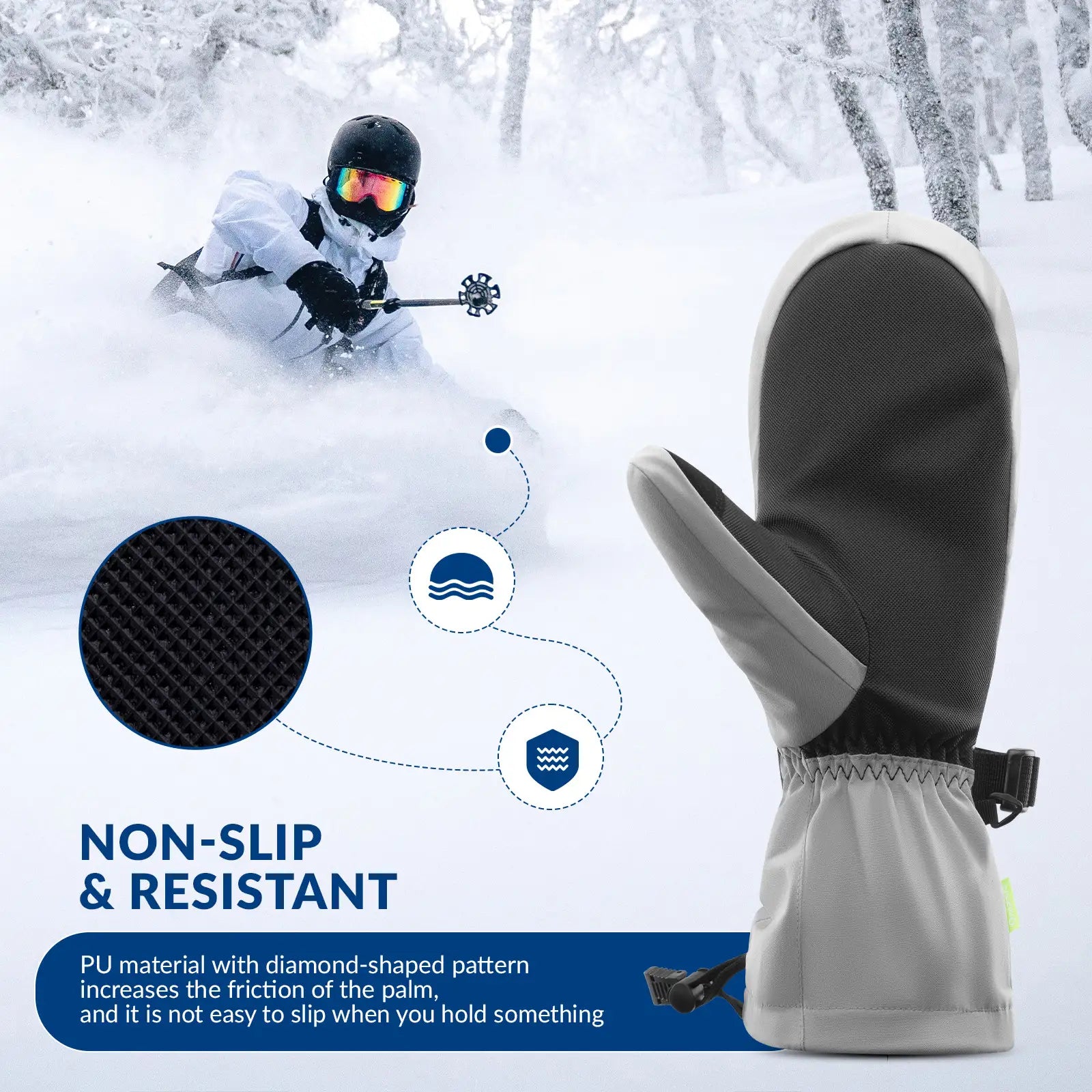 Qunature Global windproof full-palm ski gloves with touchscreen grip, insulated for cold weather and winter sports.