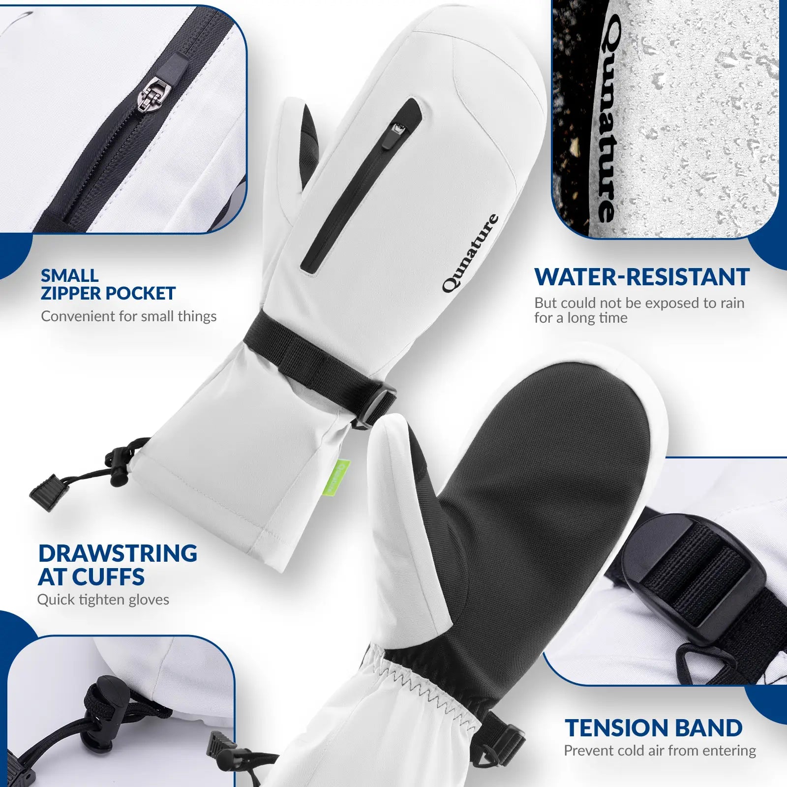 Qunature Global windproof full-palm ski gloves with touchscreen grip, insulated for warmth and protection during winter sports.