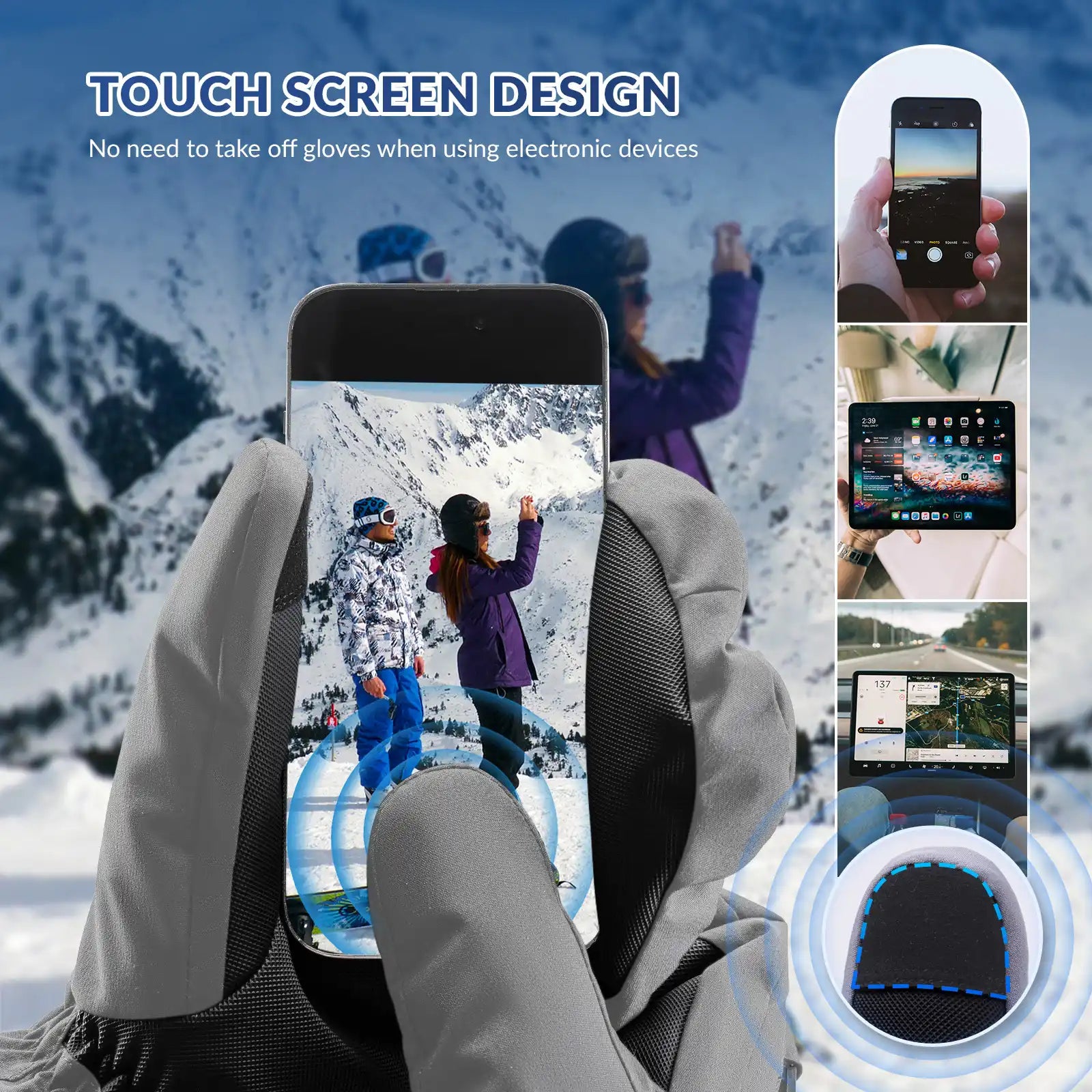 Qunature Global windproof full-palm ski gloves with touchscreen grip, insulated for warmth and durability during winter sports.