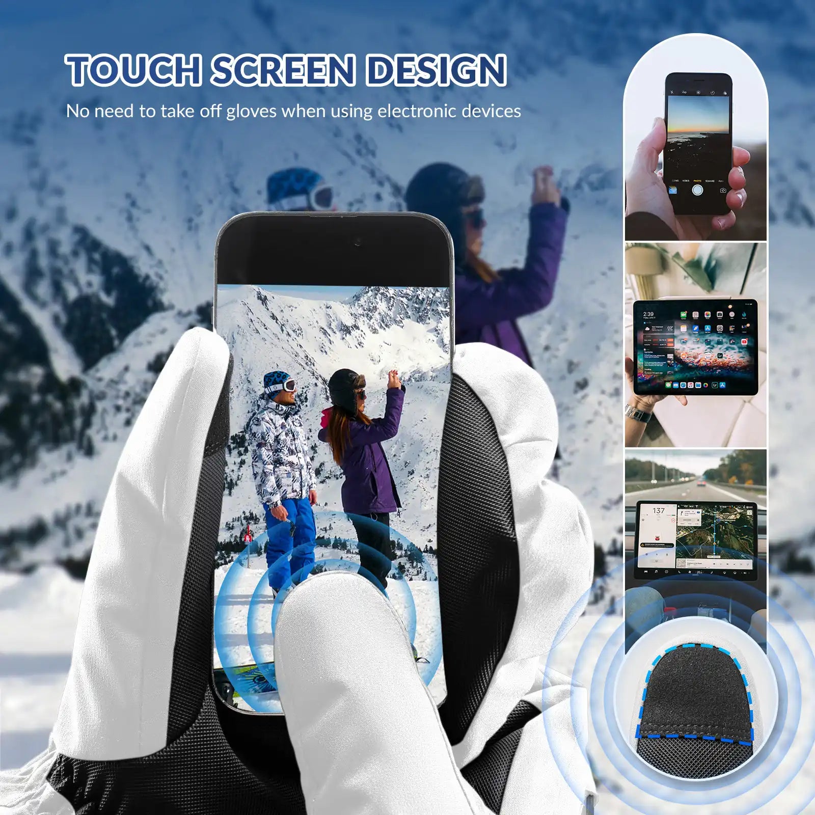 Qunature Global windproof full-palm ski gloves with touchscreen grip, insulated for warmth and protection during winter sports.