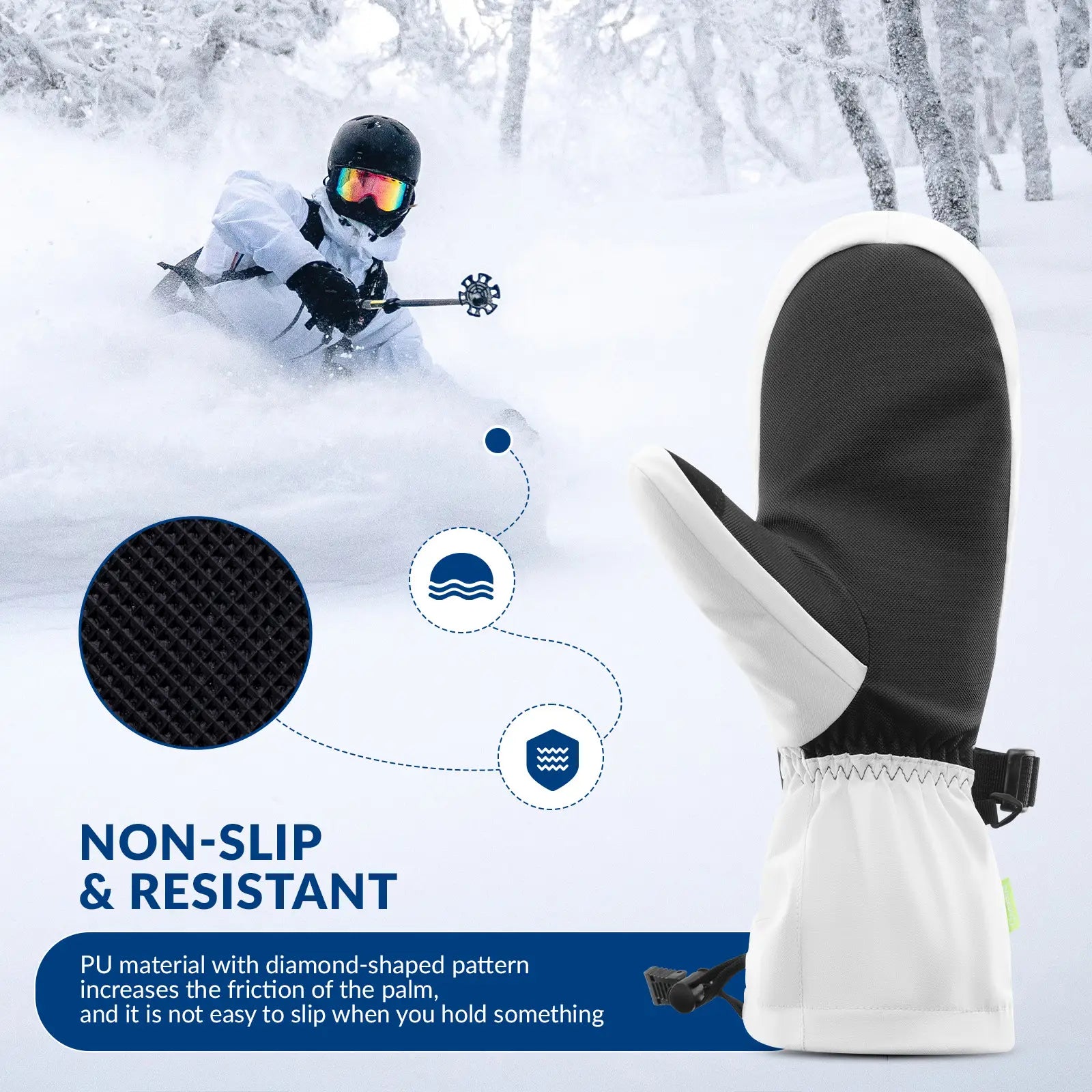 Qunature Global windproof full-palm ski gloves with touchscreen grip, insulated for warmth and optimal grip during winter sports.