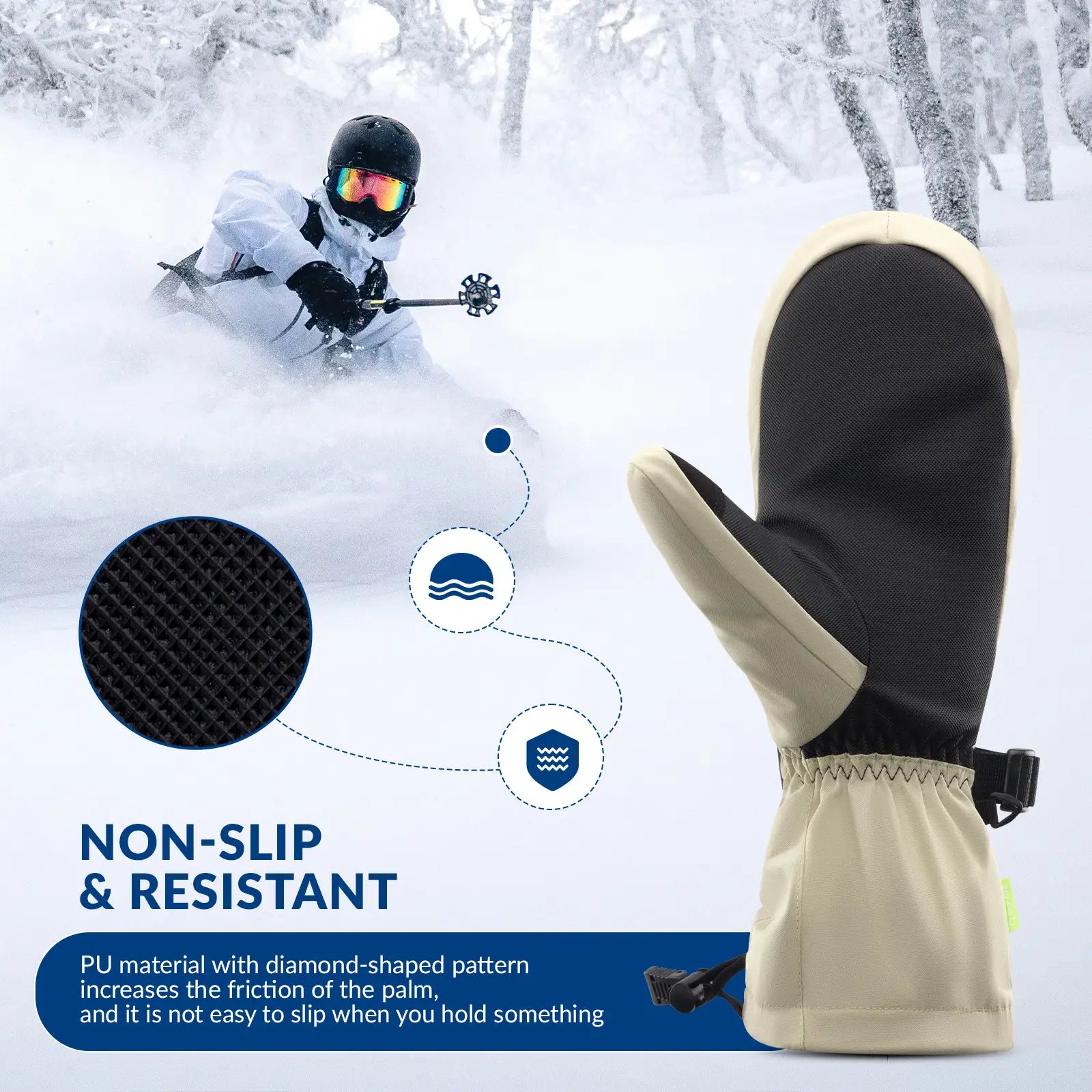 Qunature Global windproof full-palm ski gloves with touchscreen grip, insulated for warmth and protection during winter sports.