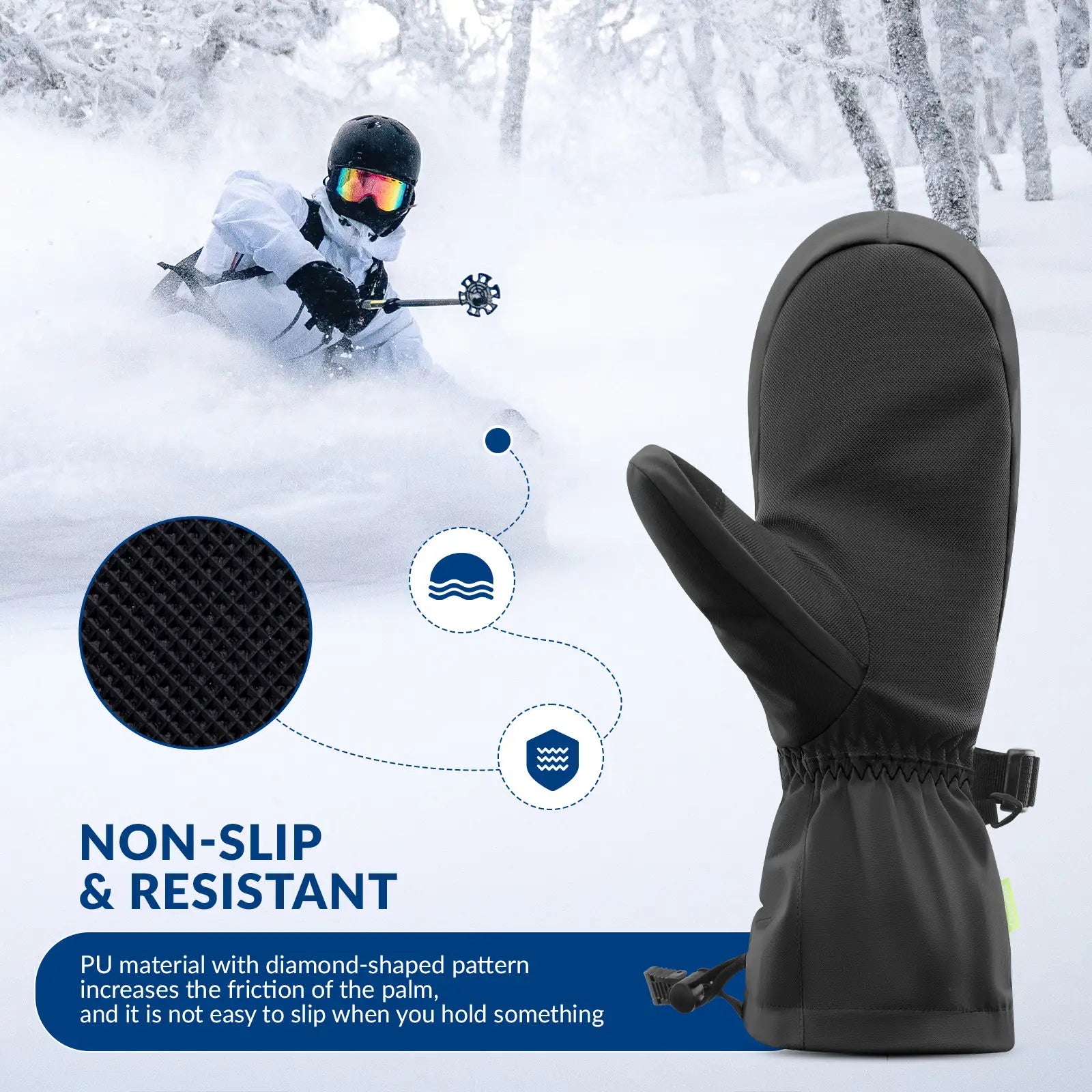 Qunature Global windproof full-palm ski gloves with touchscreen grip and insulation for winter sports warmth and protection