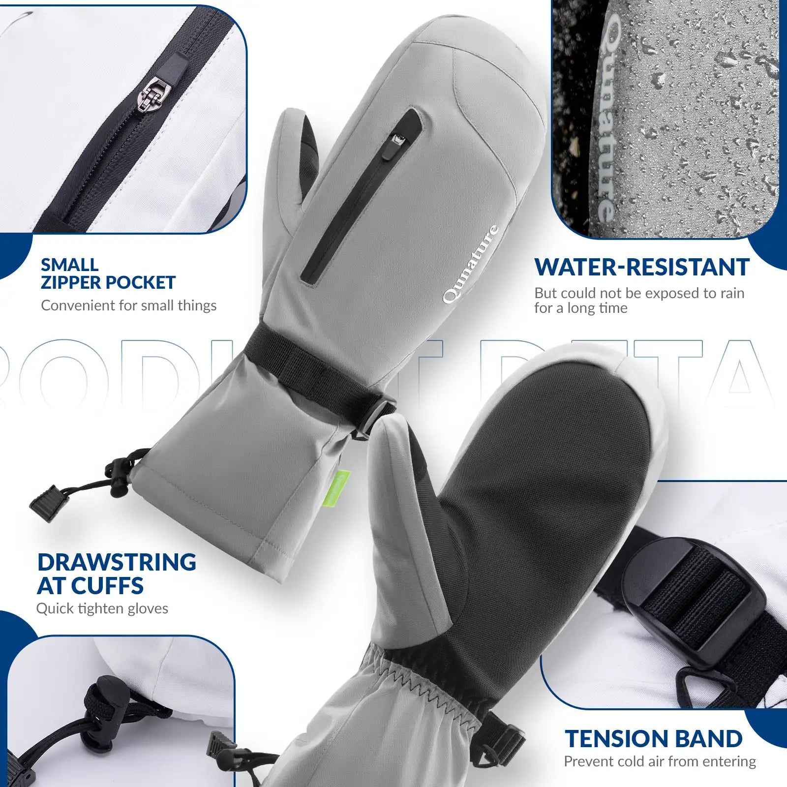 Qunature Global windproof full-palm ski gloves with insulation and touchscreen grip for cold weather skiing.