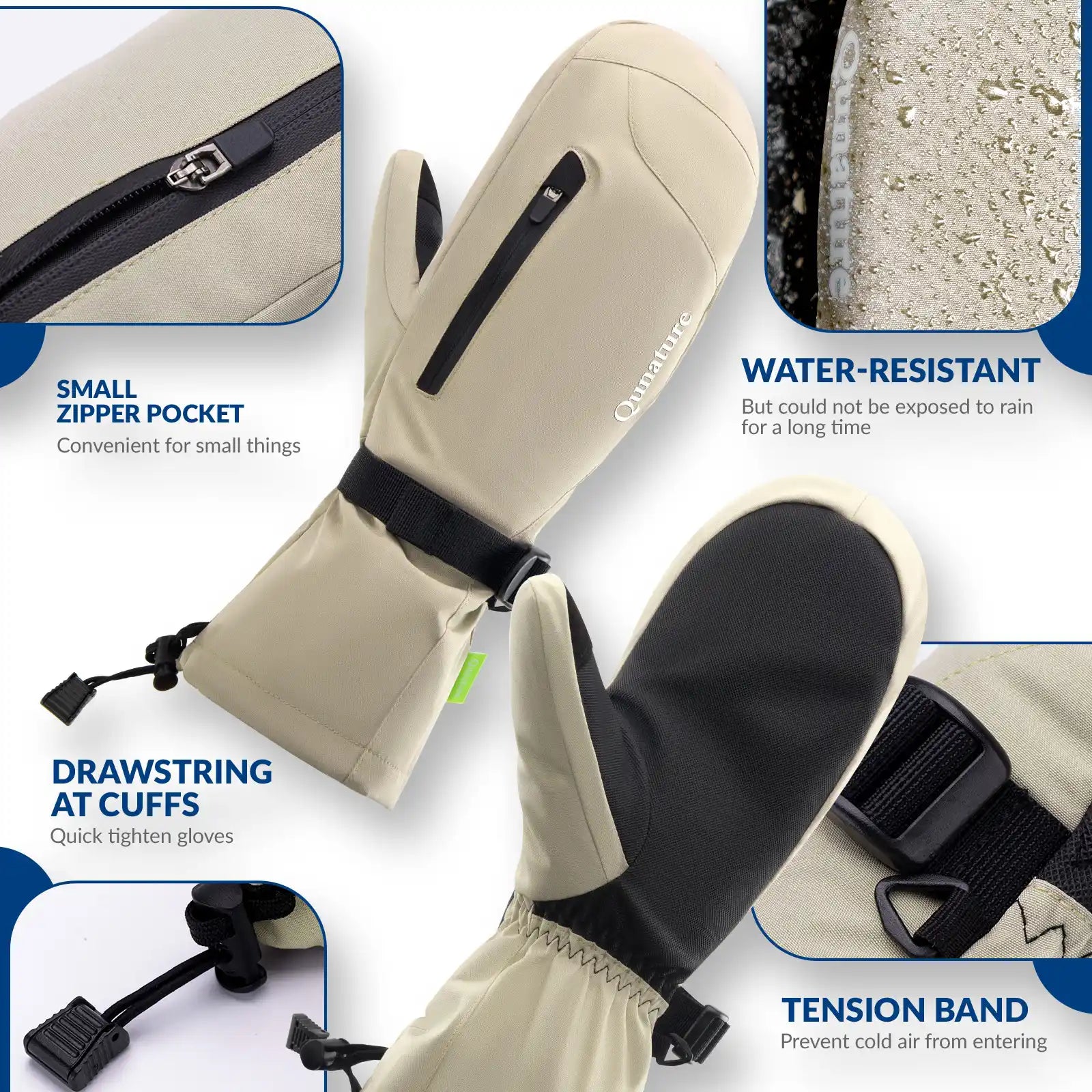 Qunature Global windproof full-palm ski gloves with touchscreen grip, insulated for warmth and protection in cold weather.