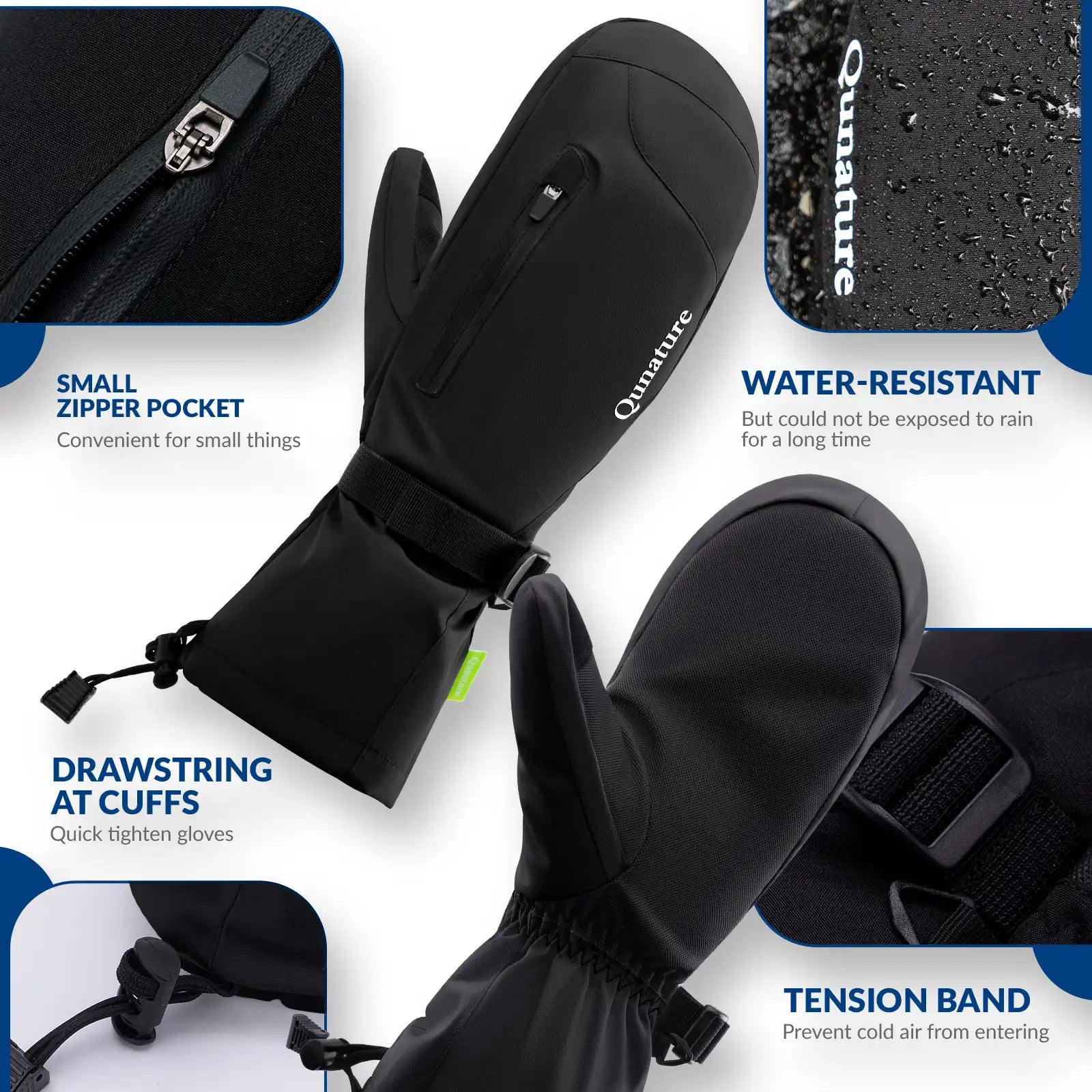 Qunature Global windproof full-palm ski gloves with touchscreen grip, insulated for warmth and protection during winter outdoor activities.
