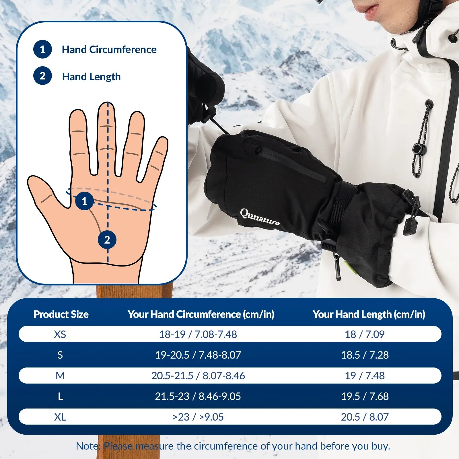 Qunature Global windproof full-palm ski gloves with touchscreen grip, insulated for warmth and outdoor winter skiing activities.