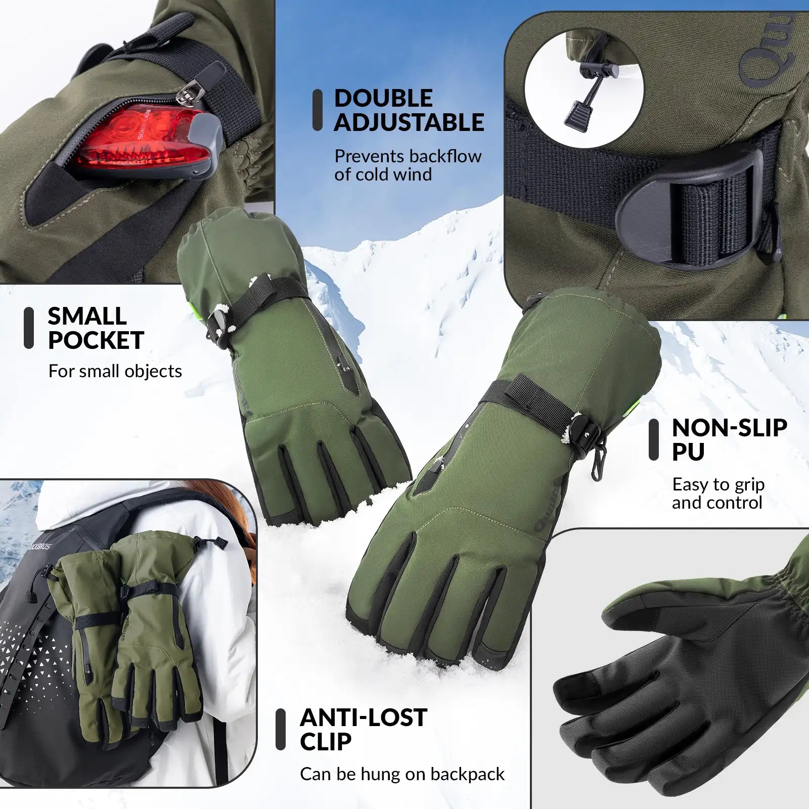 Qunature Global waterproof insulated split-finger ski gloves with touchscreen compatibility and windproof design for cold weather skiing.