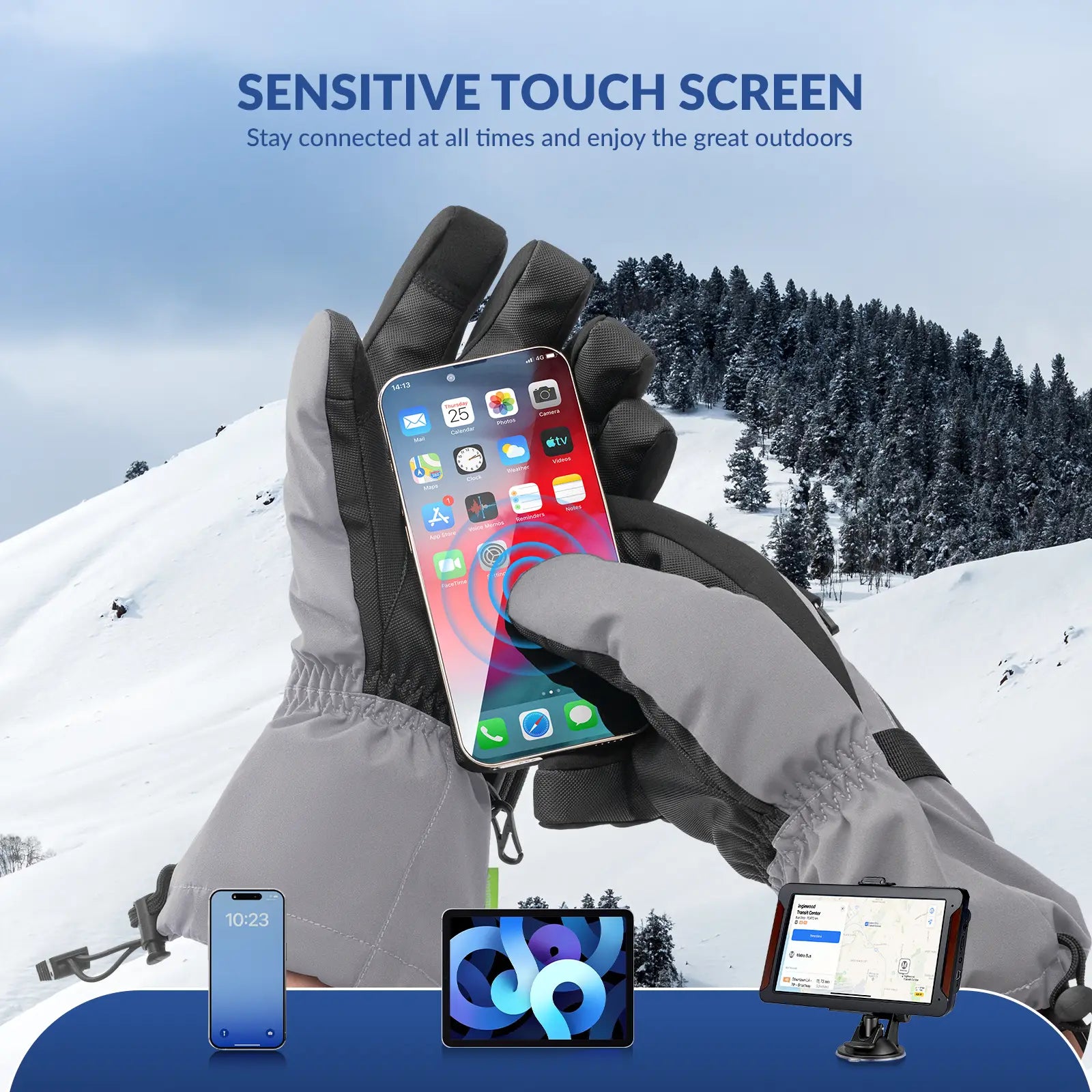 Qunature Global waterproof insulated split-finger ski gloves with touchscreen fingertips, windproof and warm for winter skiing.