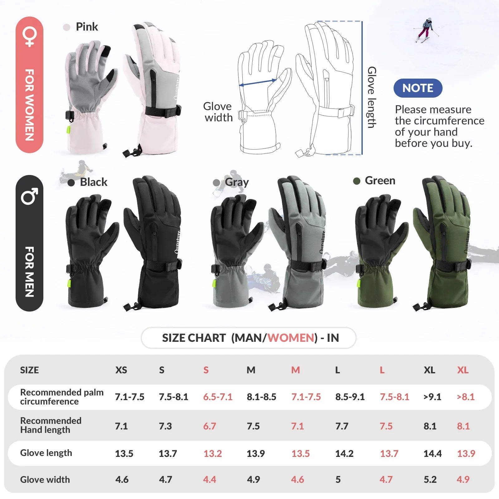 Qunature Global waterproof insulated split-finger ski gloves with touchscreen fingertips, windproof and warm for winter skiing.