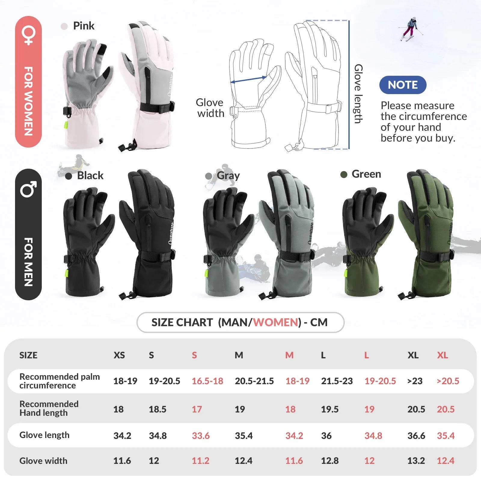 Qunature Global waterproof insulated split-finger ski gloves with touchscreen compatibility, windproof design and warm lining.