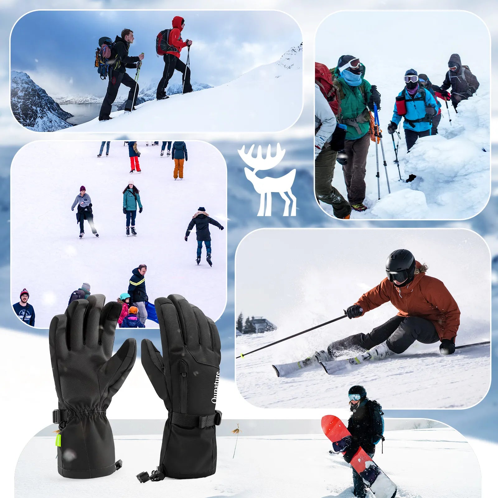 Qunature Global waterproof insulated split-finger ski gloves with touchscreen design, windproof and warm for winter skiing.