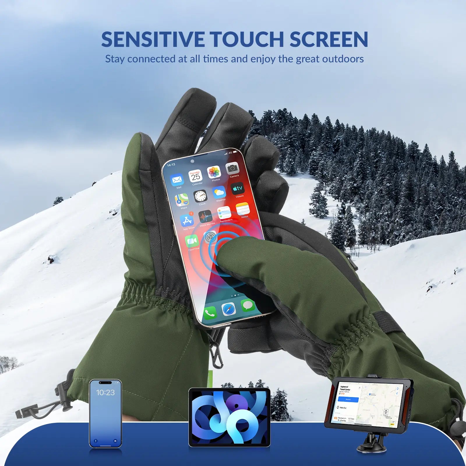 Qunature Global waterproof insulated split-finger ski gloves with touchscreen design, showing windproof exterior and warm lining.