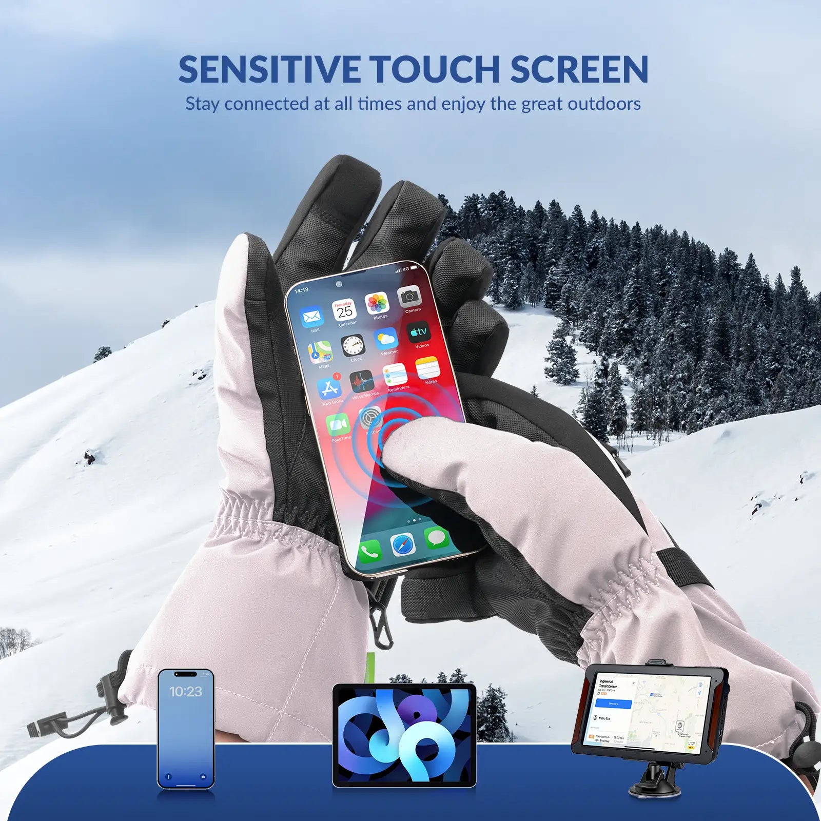 Qunature Global waterproof insulated split-finger ski gloves with touchscreen-compatible design and windproof warmth locking features.