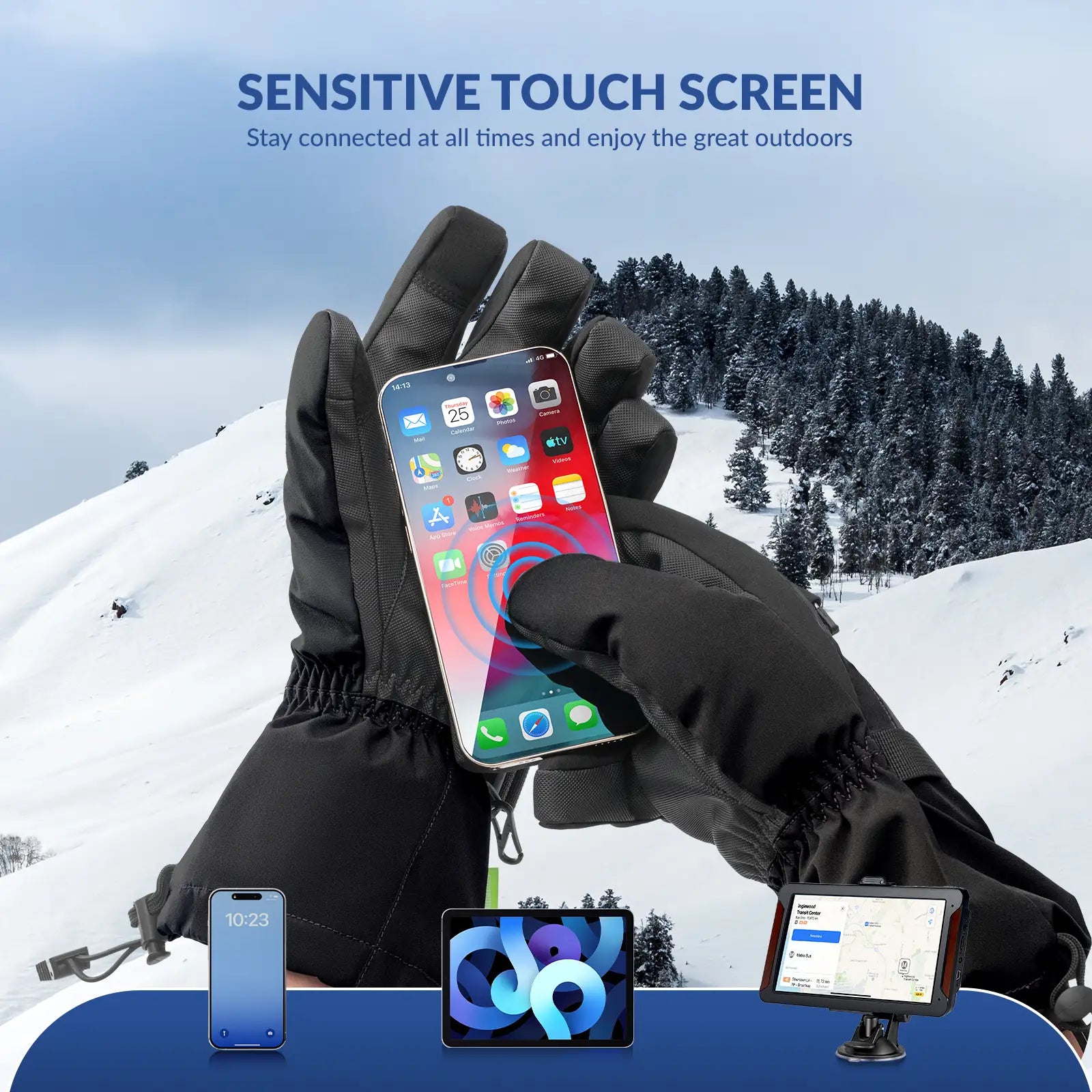 Qunature Global waterproof insulated split-finger ski gloves with touchscreen capability, windproof design, and warm, textured exterior.