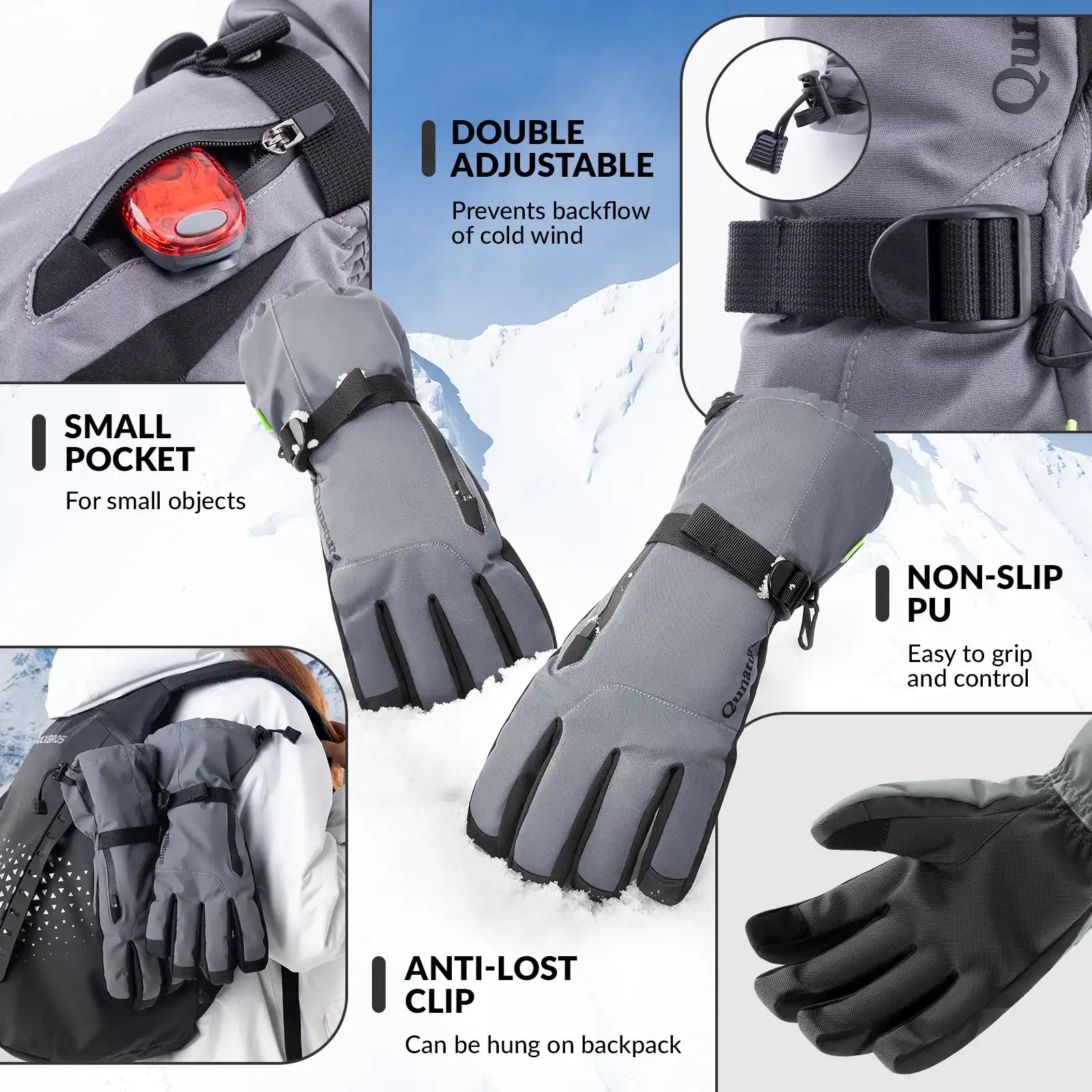 Qunature Global waterproof insulated split-finger ski gloves with touchscreen fingertips, windproof and designed for cold weather skiing.