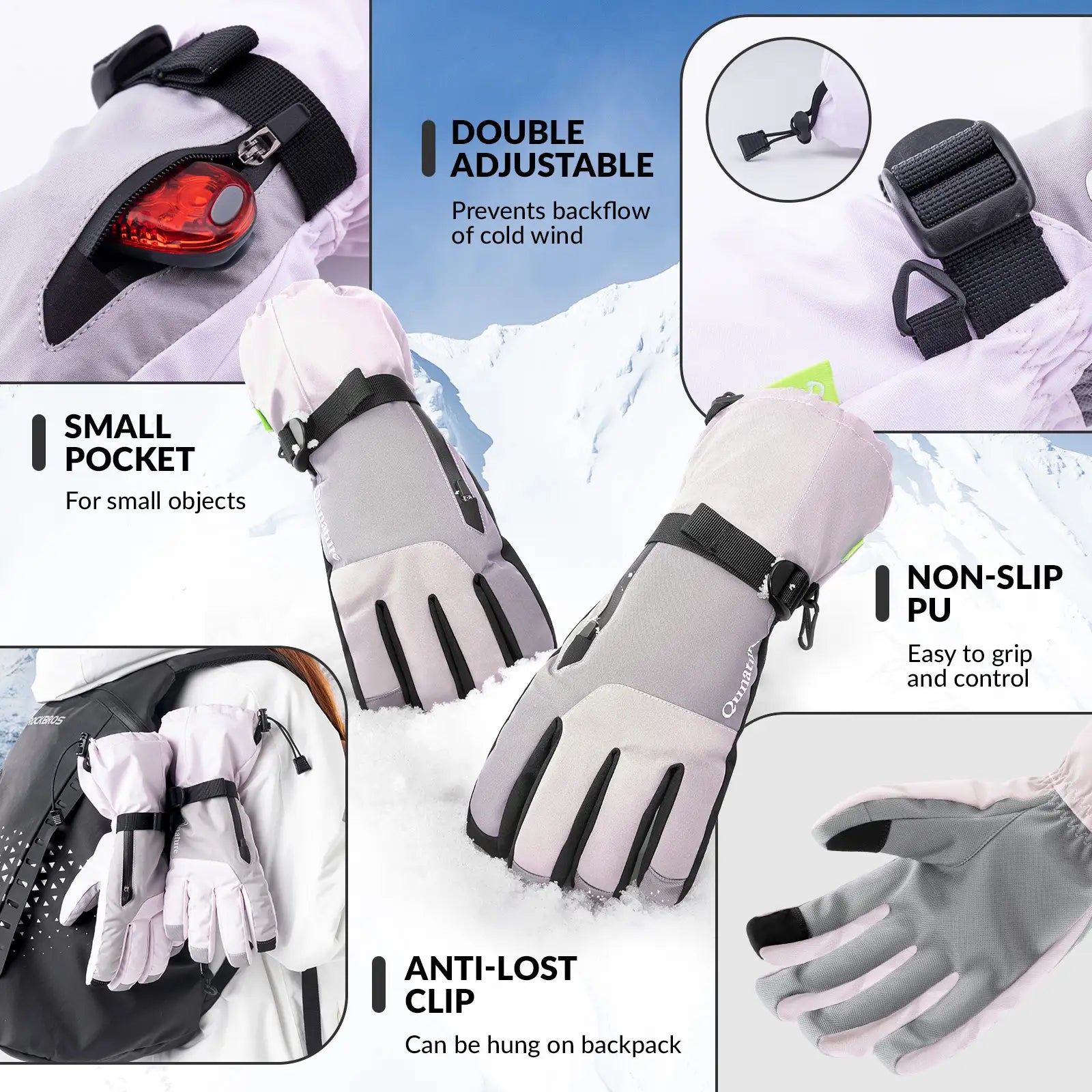 Qunature Global waterproof insulated split-finger ski gloves with touchscreen fingertips and windproof design for cold weather skiing.