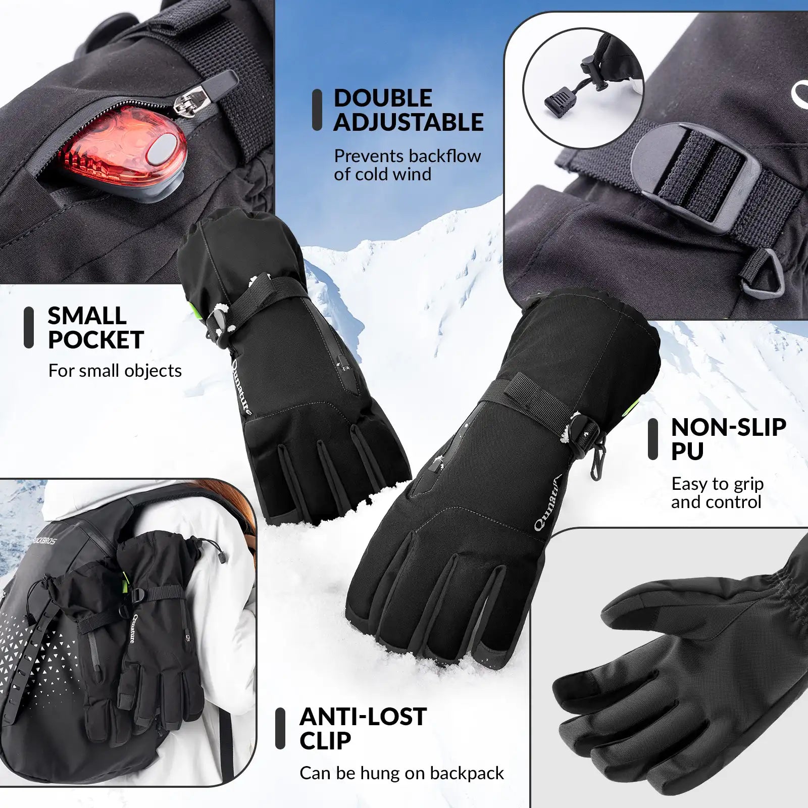 Qunature Global waterproof insulated split-finger ski gloves with touchscreen-friendly design, windproof and warm for winter sports.