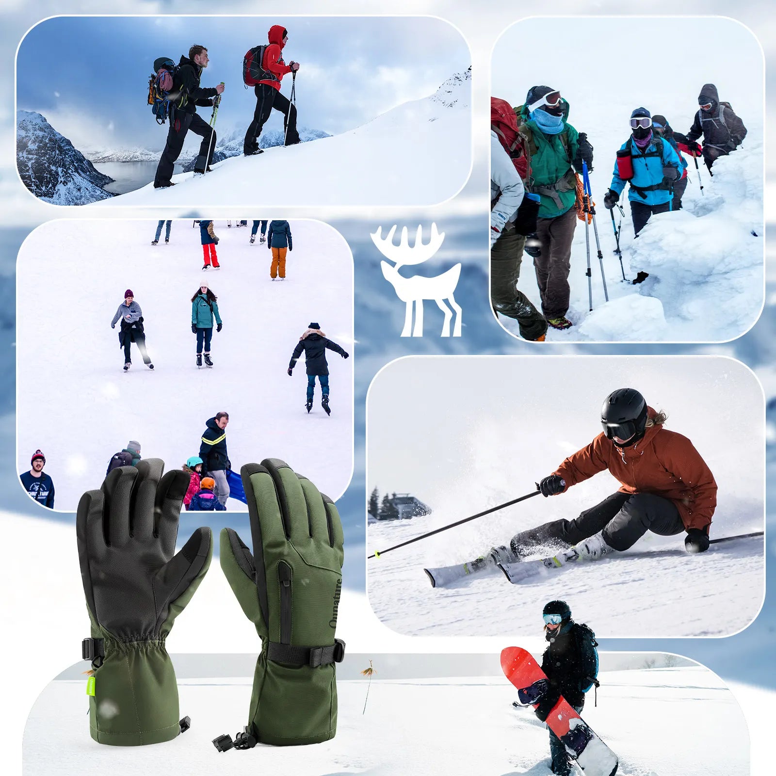 Qunature Global waterproof insulated split-finger ski gloves with touchscreen capability, windproof and warm for winter sports.