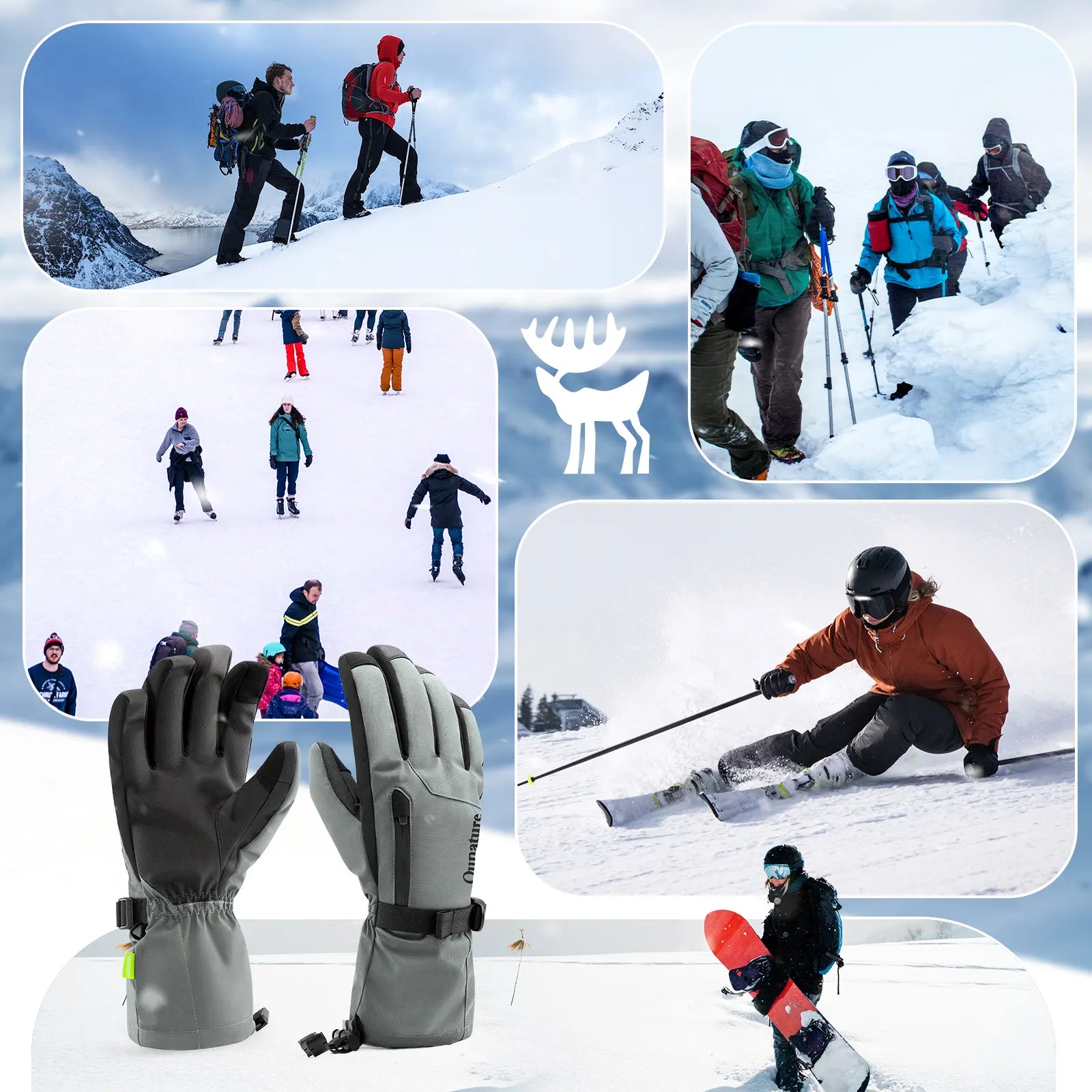 Qunature Global waterproof insulated split-finger ski gloves with touchscreen fingertips and windproof design for cold weather skiing.