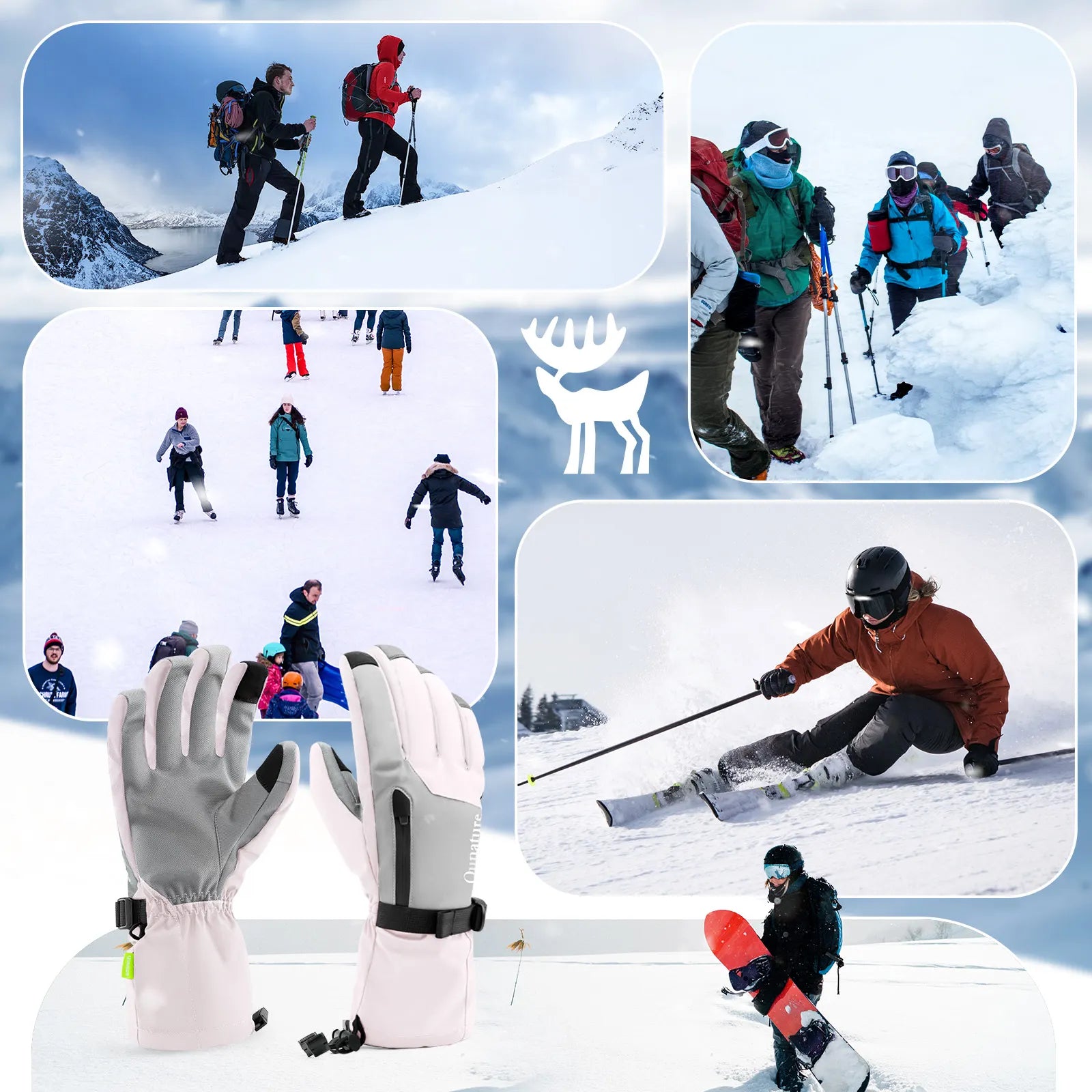 Qunature Global waterproof insulated split-finger ski gloves with touchscreen design, windproof and warm for winter sports.