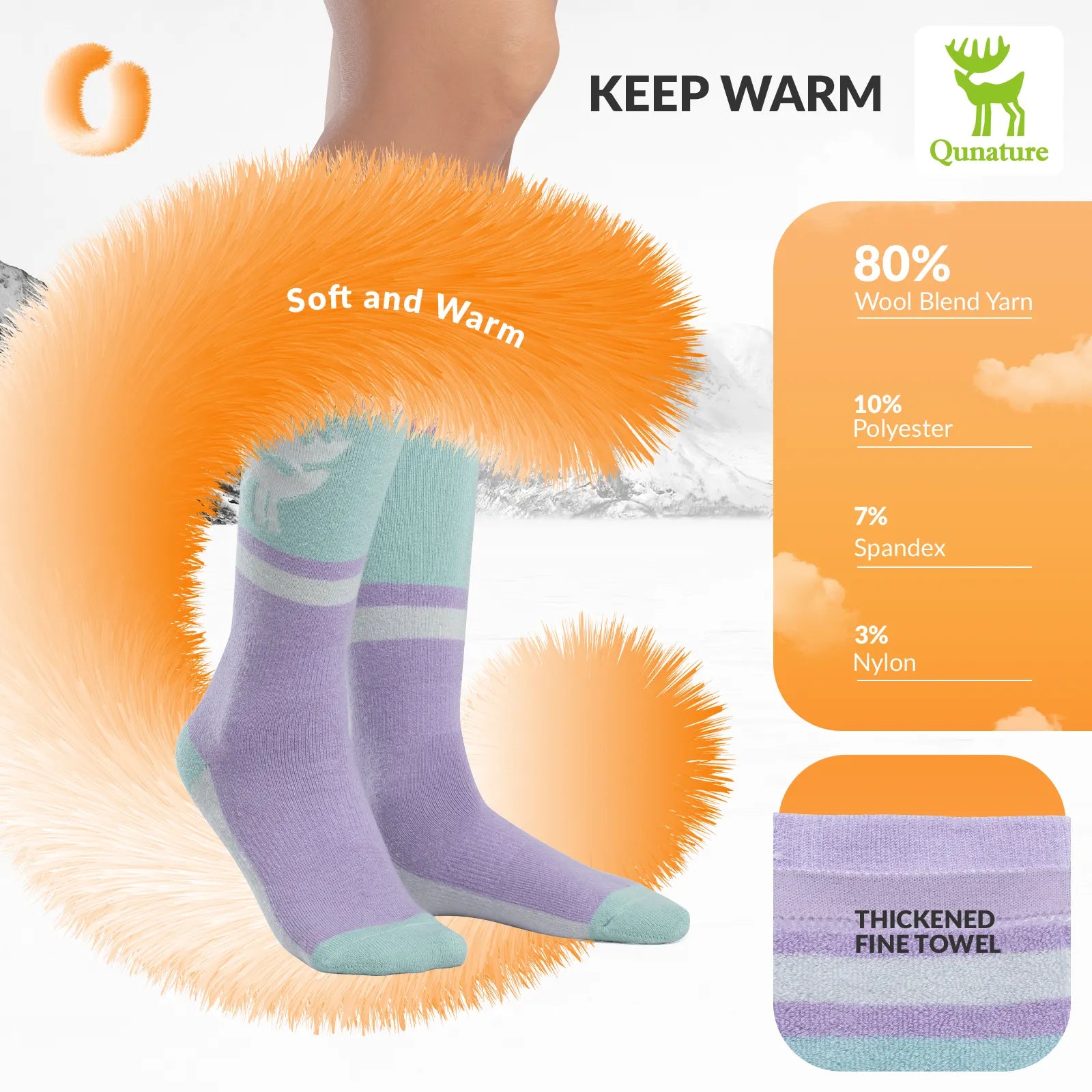 Qunature Global wool ski socks with winter warmth and shock absorption, designed for comfort during skiing.