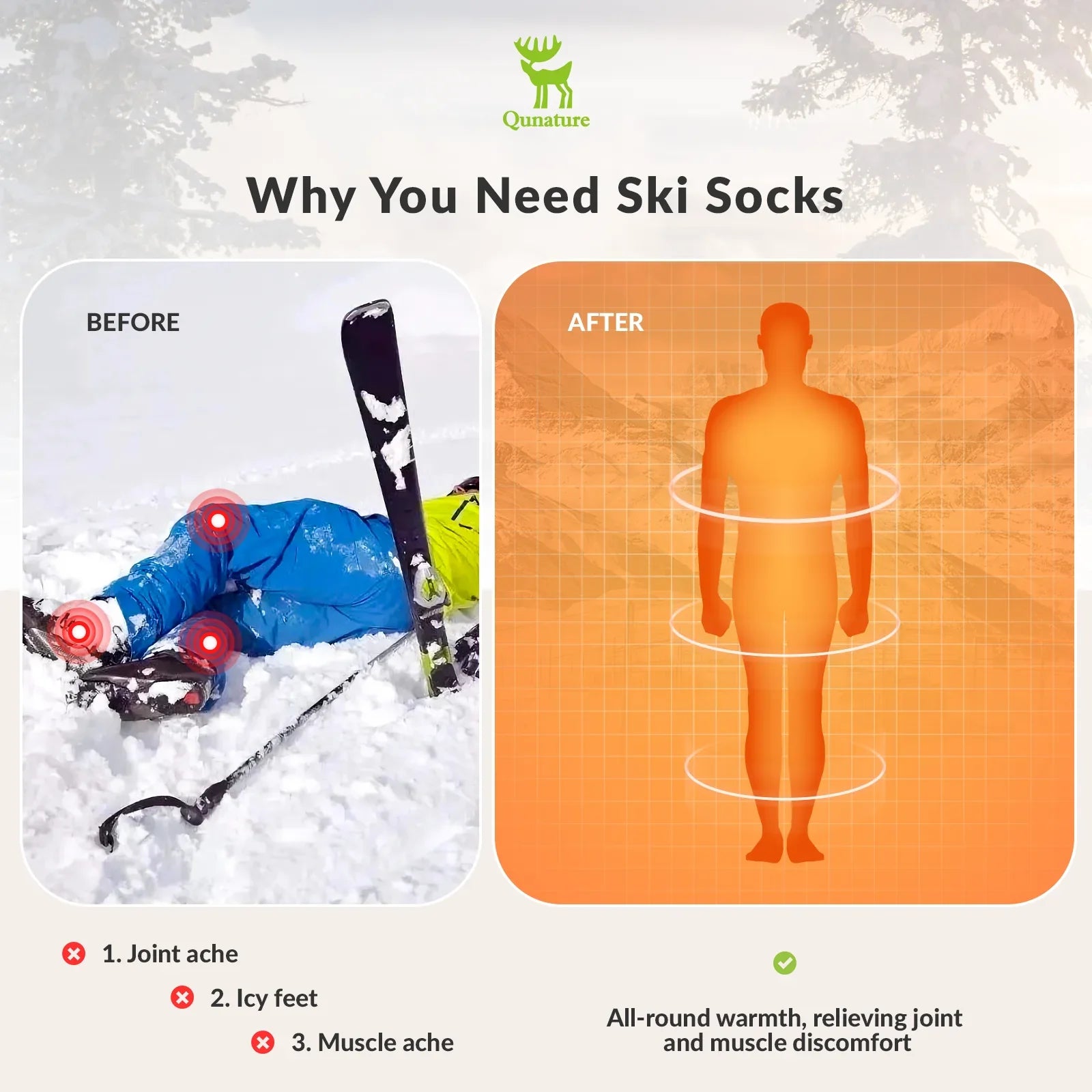 Qunature Global wool ski socks designed for winter warmth and shock absorption, ideal for skiing comfort and outdoor winter activities.